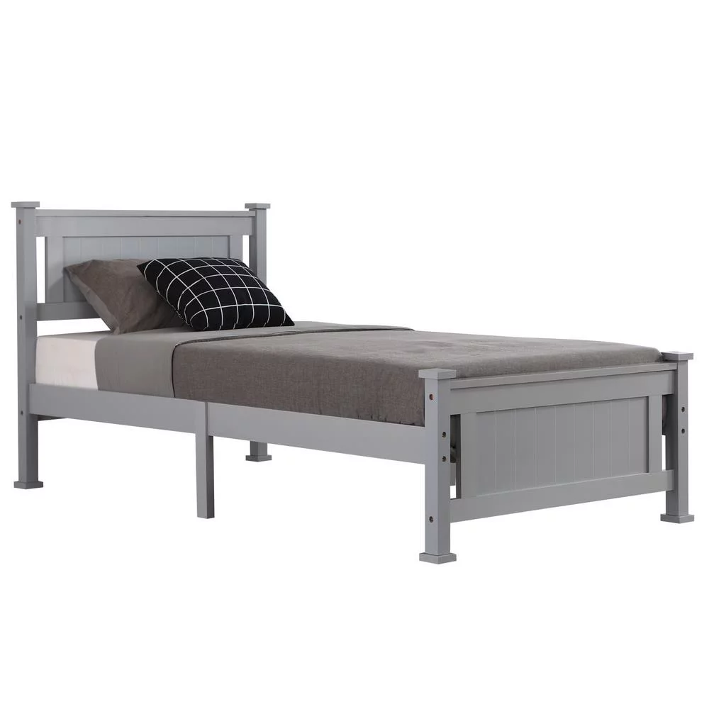 Ktaxon Twin Bed Frame,Solid Pine Wood Twin Platform Bed Frame, Bedroom Twin Bed with Headboard for Adults, Gray, 75.04