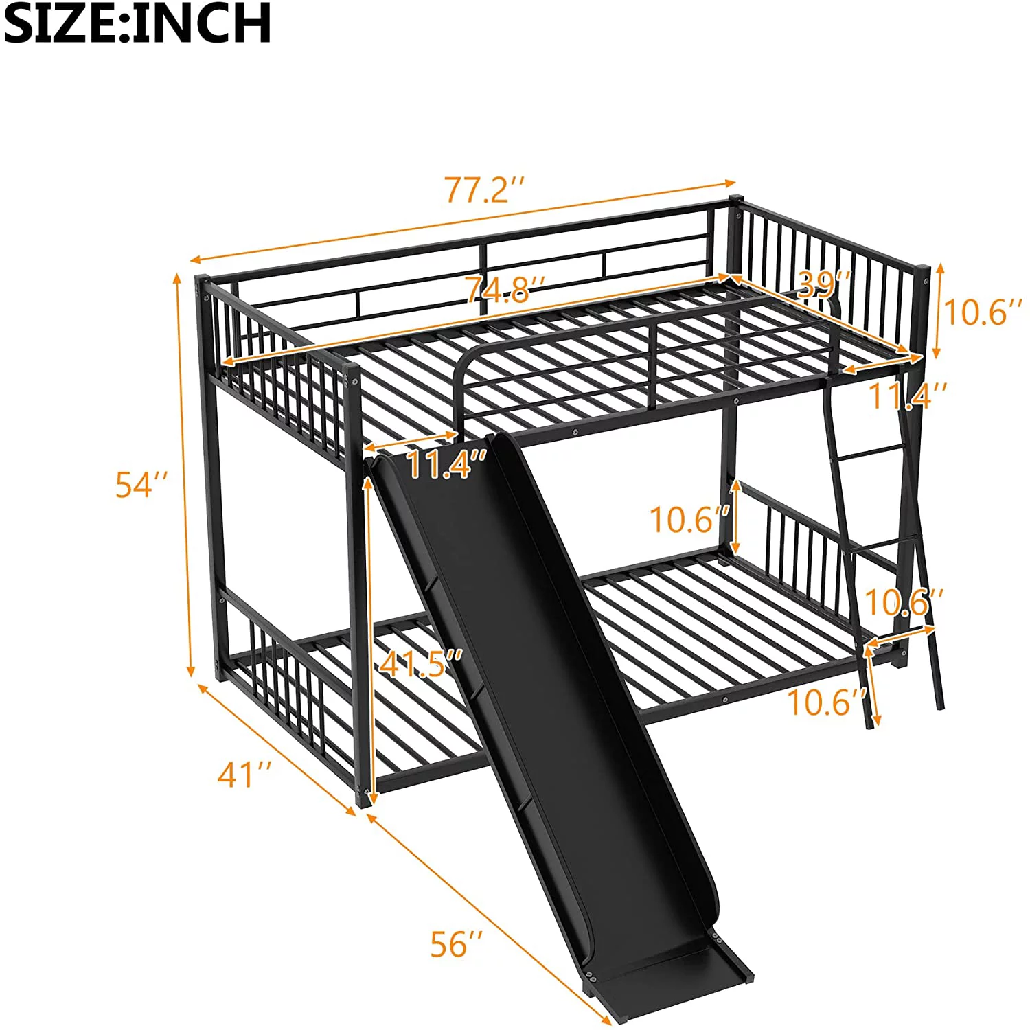 Metal Buk Bed With Slide, Over Buk Bed Metal Frame With Stairs, Safety Guard Rails For Kids Tees Adults, Easy To Assemble, o Box Sprig Required (Black)