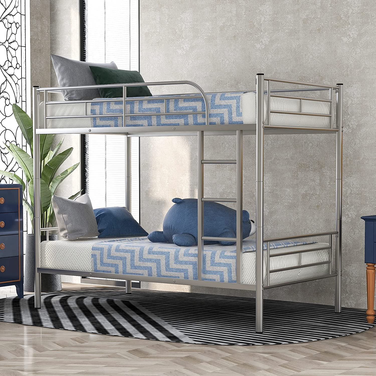 Twin Over Full Metal Bunk Bed, Full Size Bunkbed Frame with Ladder & Guardrail for Adults, Space-Saving Bedroom Funiture, No Box Spring Needed