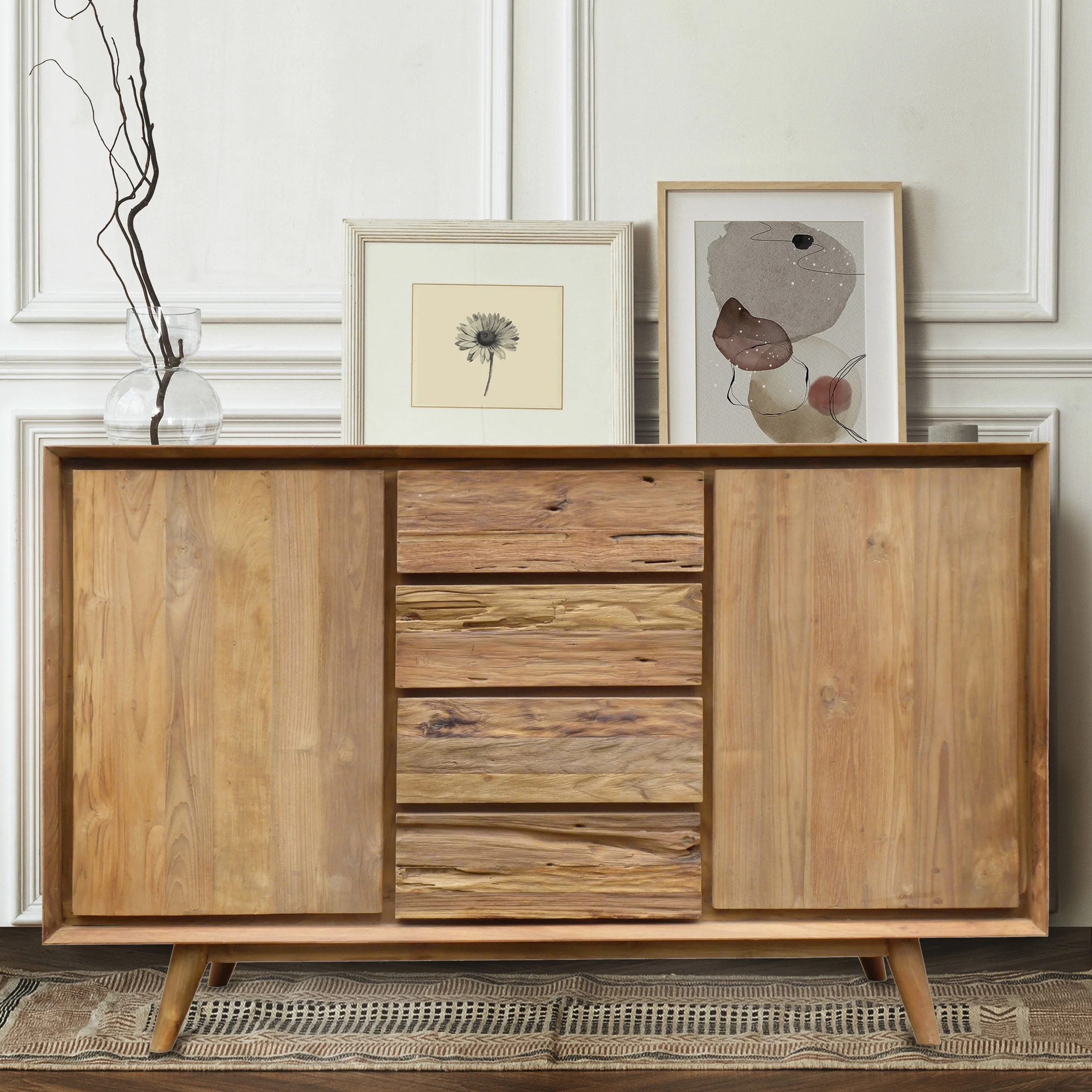 Recycled Teak Wood Wood Retro Dresser with 2 Doors, 4 Drawers