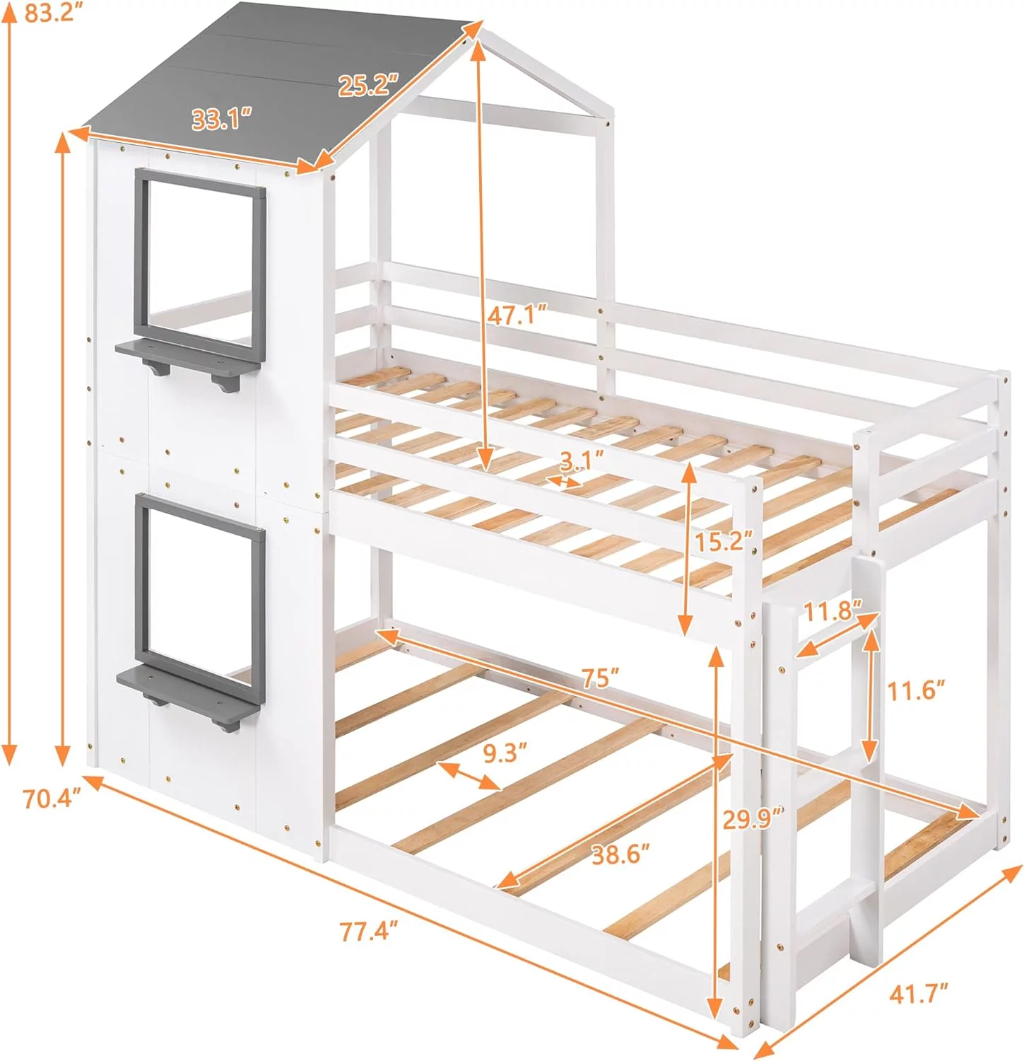 House Bunk Bed For Kids,Low Bunk Beds Over , Wood Bunk Beds With Guardrail And Ladder, House Bed With Roof For Girls Boys,No Box Spring Needed,White