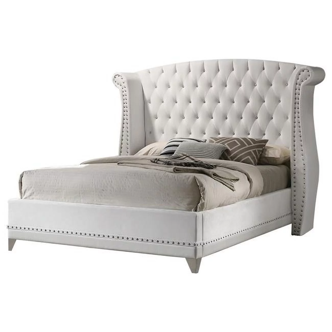 Velvet Upholstery Crystal Button Tufting Dini Wingback King Size Bed, Chrome, White & Silver