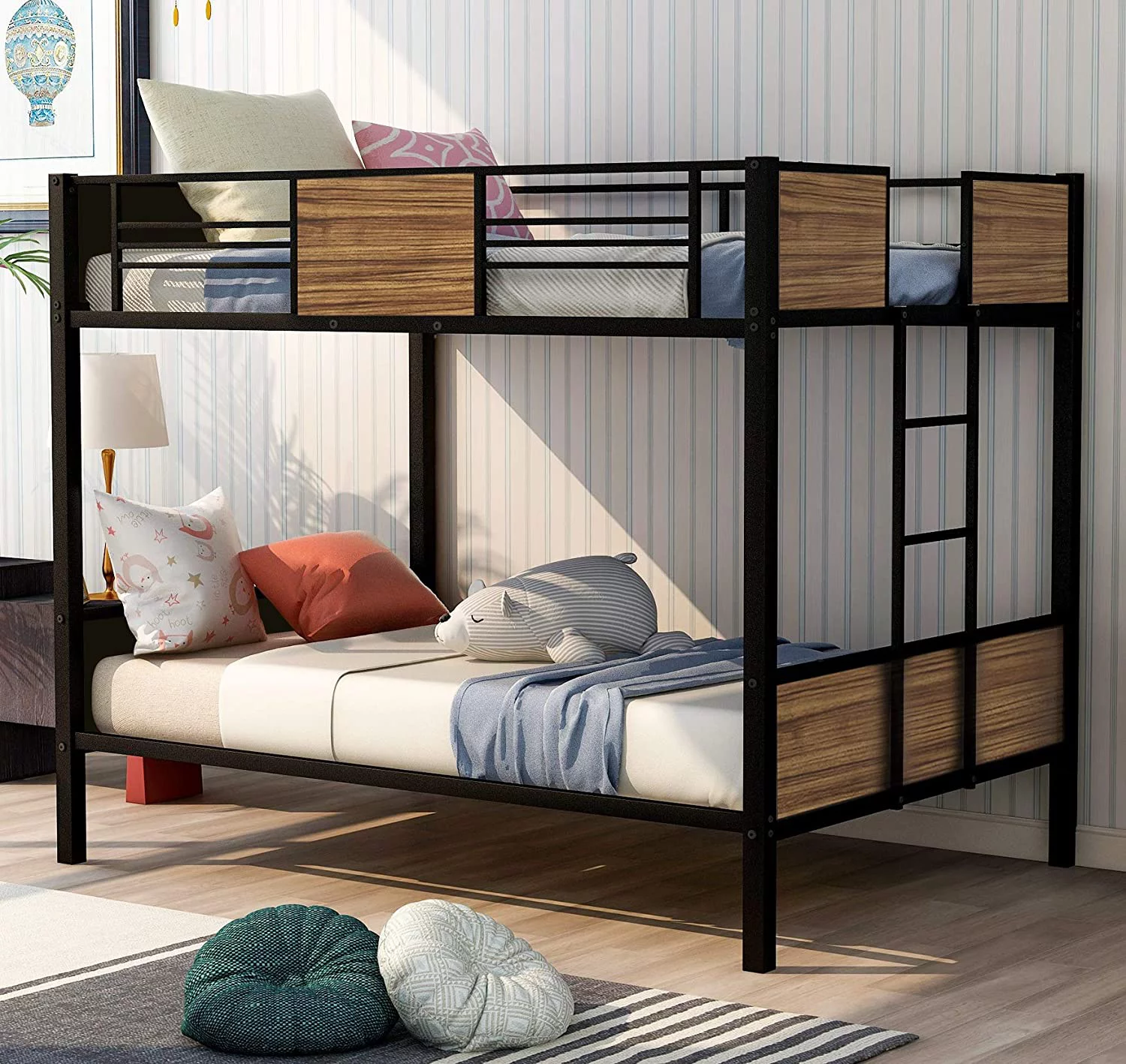 Full Over Full Bunk Bed Study Metal Bed Frame with Ladder and Safety Rails Home Bedroom Furniture Space Saving Design for Kids Students Boys Girls, Black