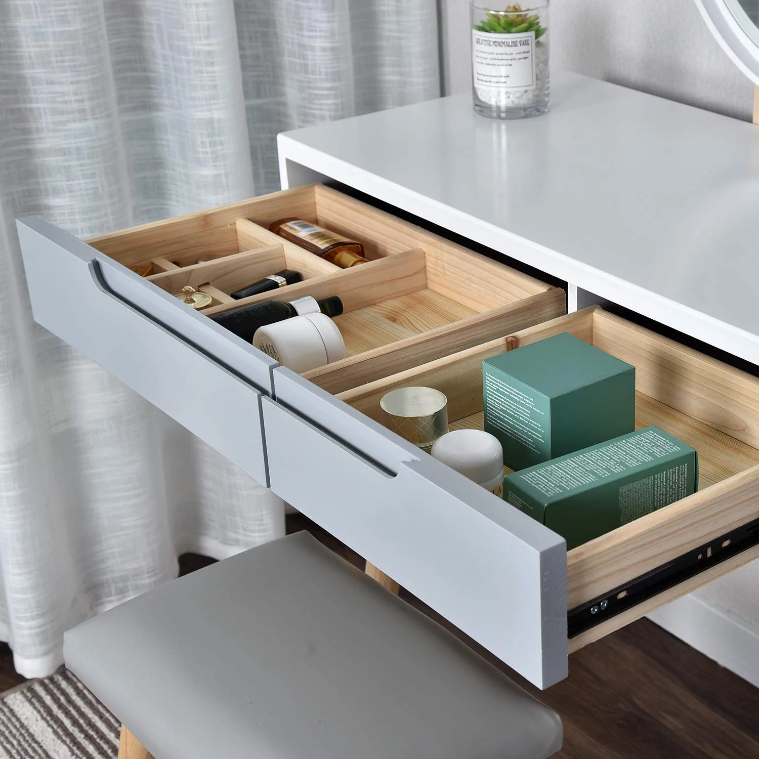 ELECWISH Vanity Table Set with Adjustable Brightness Mirror and Cushioned Stool, Dressing Table Vanity Makeup Table with Free Make-up Organizer