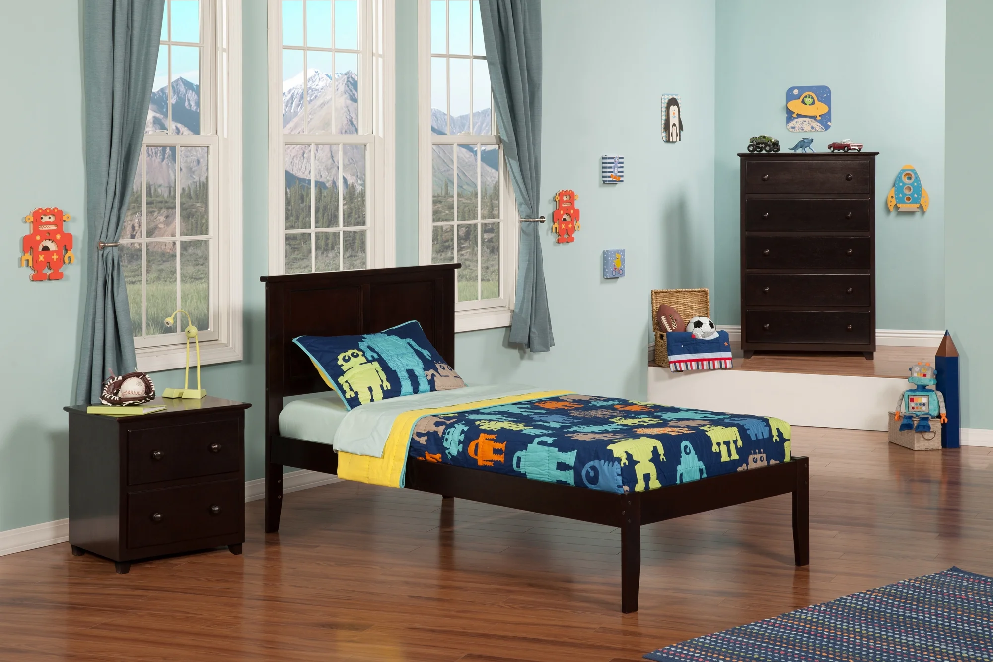 AFI Madison Twin Solid Wood Platform Bed with Panel Headboard in Espresso