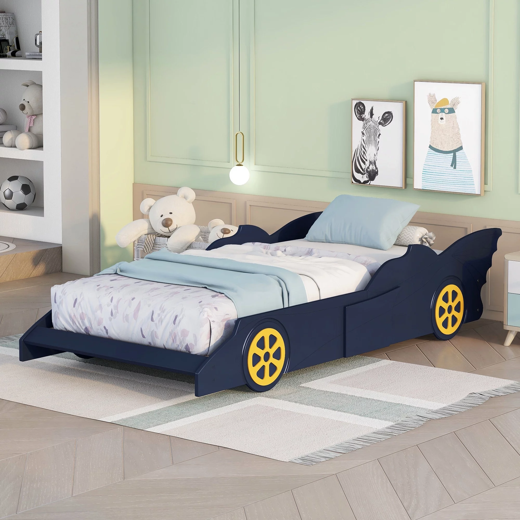 Euroco Wood Race Car-Shaped Twin Size Platform Bed for Kids’ Bedroom, Blue & Yellow