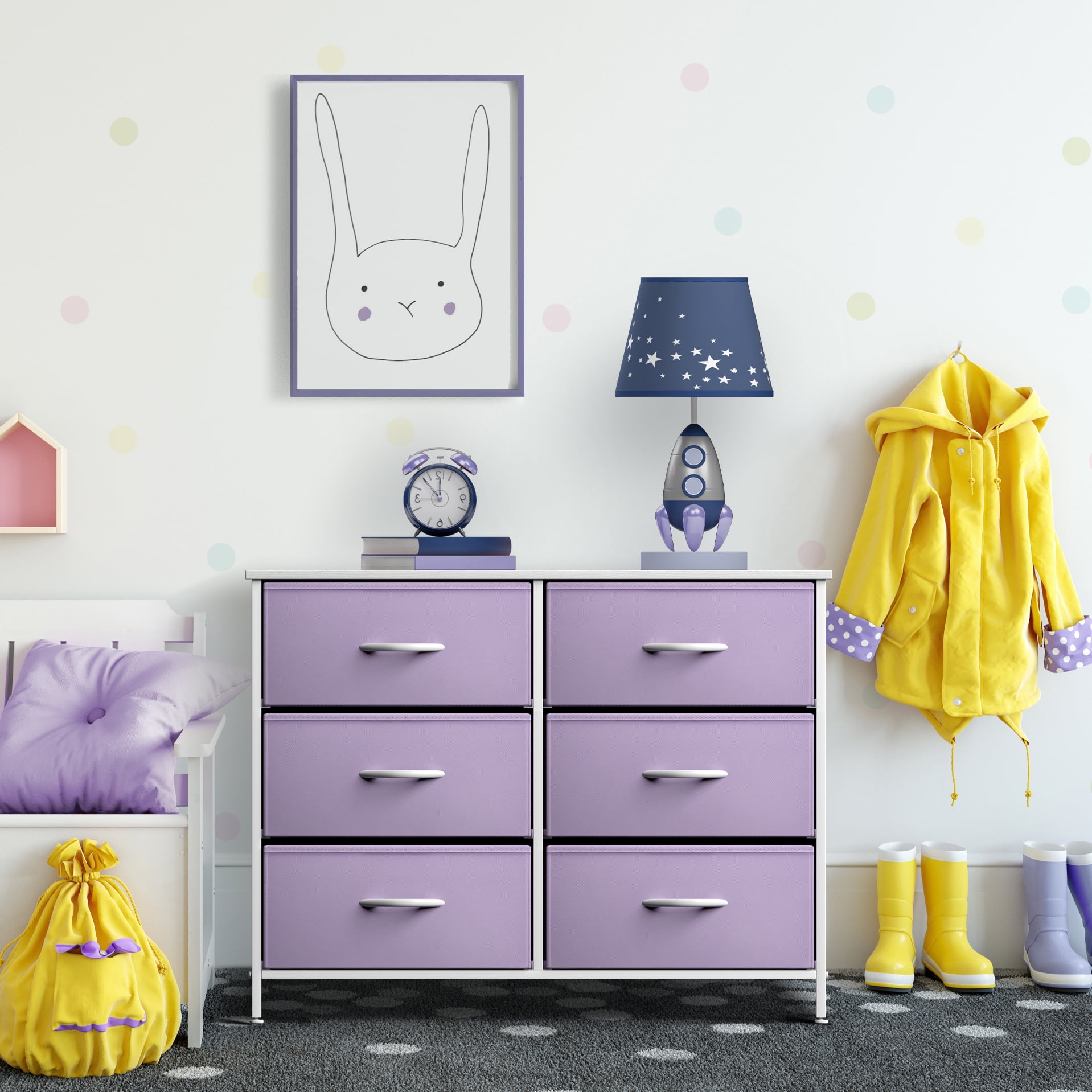 Sorbus 6 Fabric Bin Drawer Dresser - Cube Storage for Bedroom, Hallway, Office - (Pastel Purple)