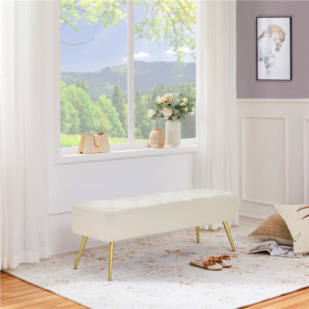 SmileMart Modern Ottoman Velvet Footstool Bench for Bedroom, Ivory