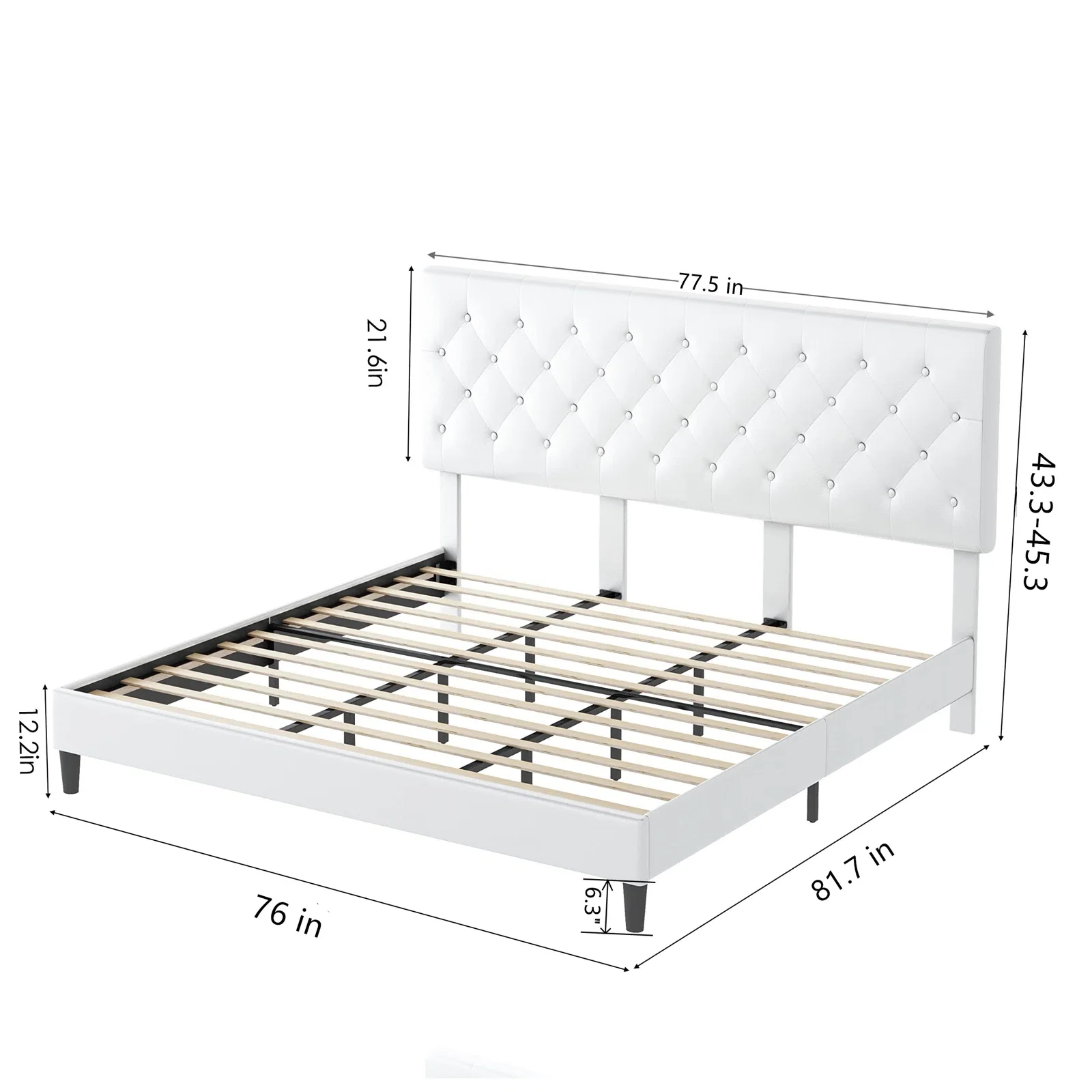 Homfa King Bed Frame, White Faux Leather Upholstered Button Tufted Low Profile Platform Bed Frame with Adjustable Headboard for Bedroom