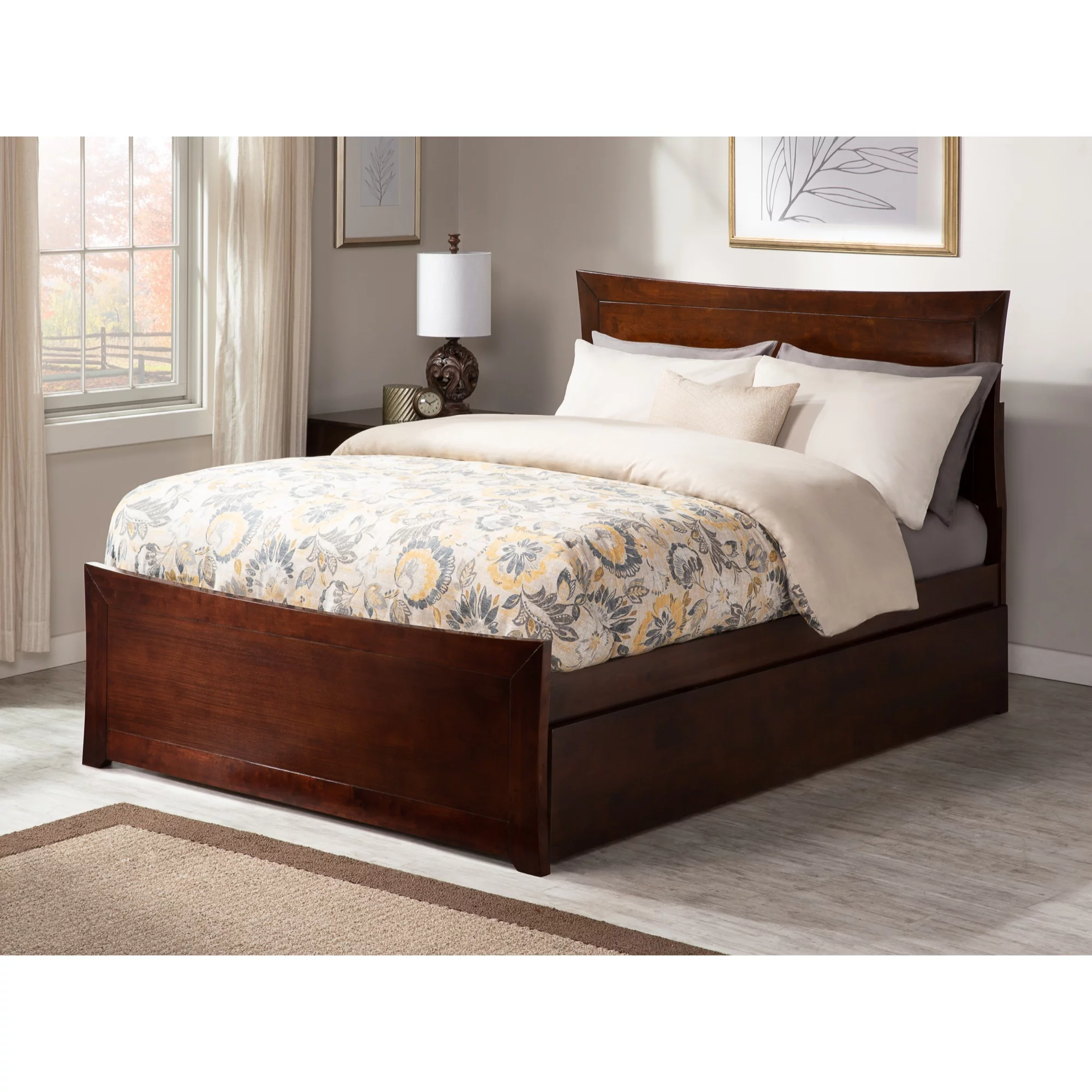 AFI Metro Solid Wood Queen Bed and Footboard with Twin XL Trundle in Walnut