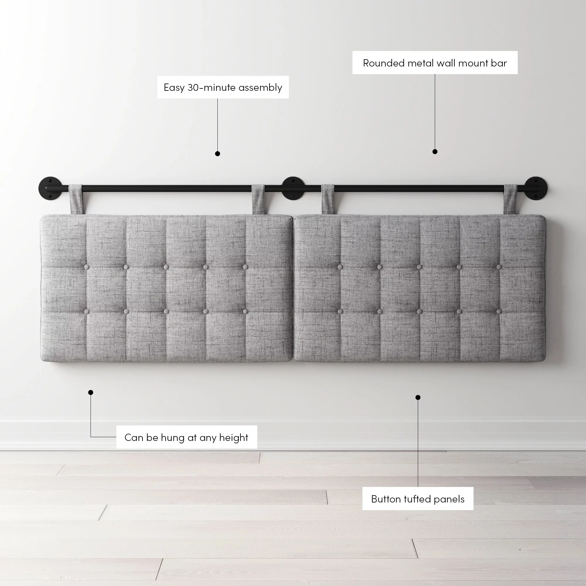 Nathan James Remi King Wall Mount Grey Button Tufted Headboard with Adjustable Straps