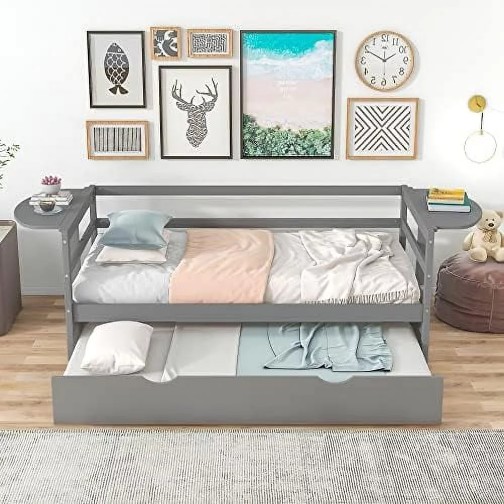 Size Daybed With Trundle, Solid Wood Frame Foldable Shelves On Both Sides, For Kids Teens Guests. No Box Spring Needed, Bedroom Living Room Furniture (, Gray)