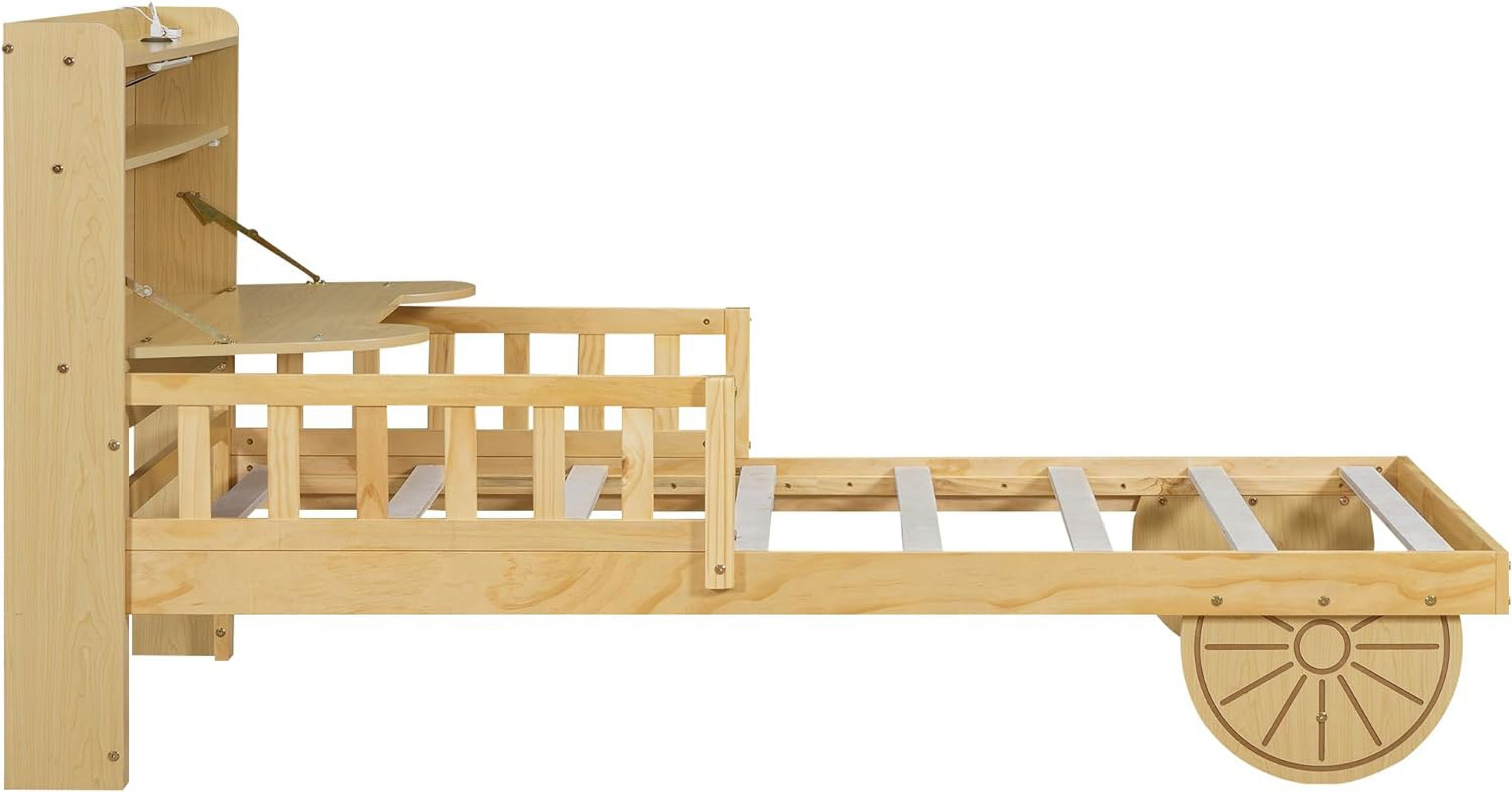 Bear-Shaped Storage Headboard Twin Size Car Bed with USB and LED, Headboard with Shelves and Hidden Storage Cabinet, Wooden Car Bed Platform