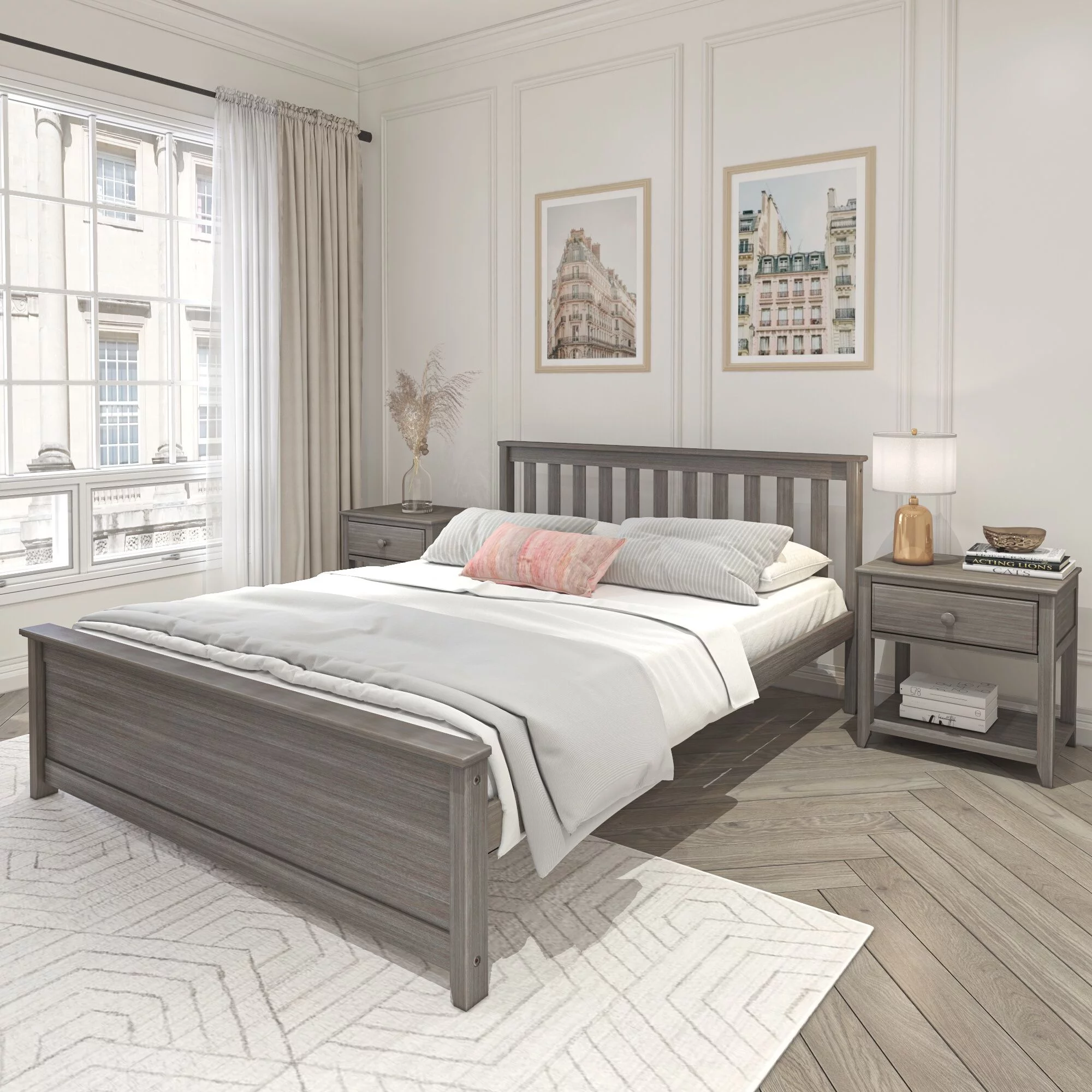 Plank+Beam Queen Bed Frame with Slatted Headboard, Classic Solid Wood Adults Platform Bed, Clay