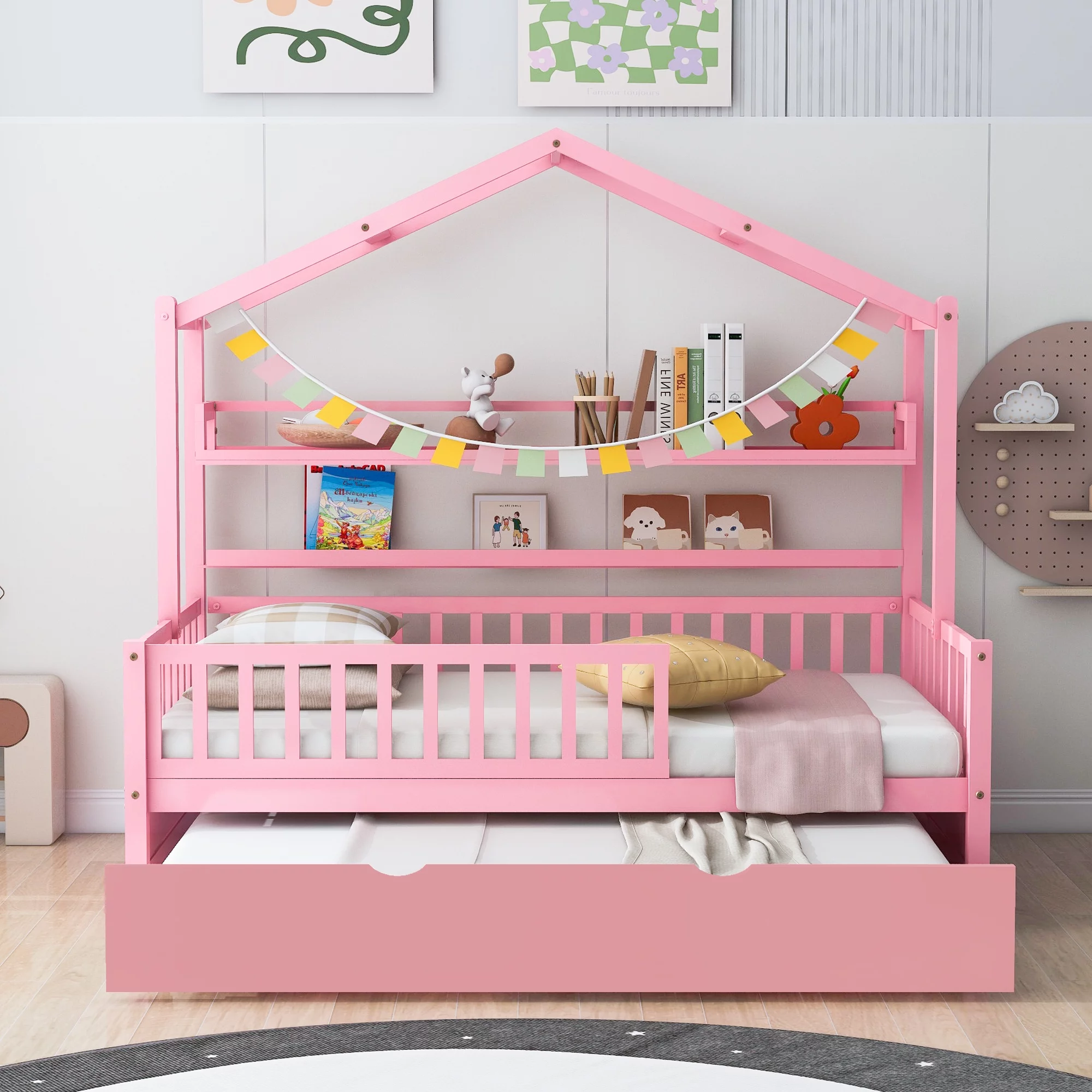 CoSoTower Wooden Twin Size House Bed with Trundle, Kids Bed with Shelf, Pink