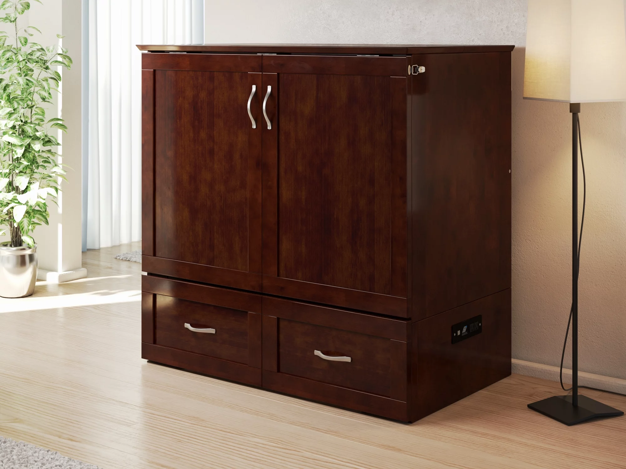 AFI Hamilton Twin XL Solid Wood Murphy Bed Chest with Mattress, Drawer and Charger, Walnut