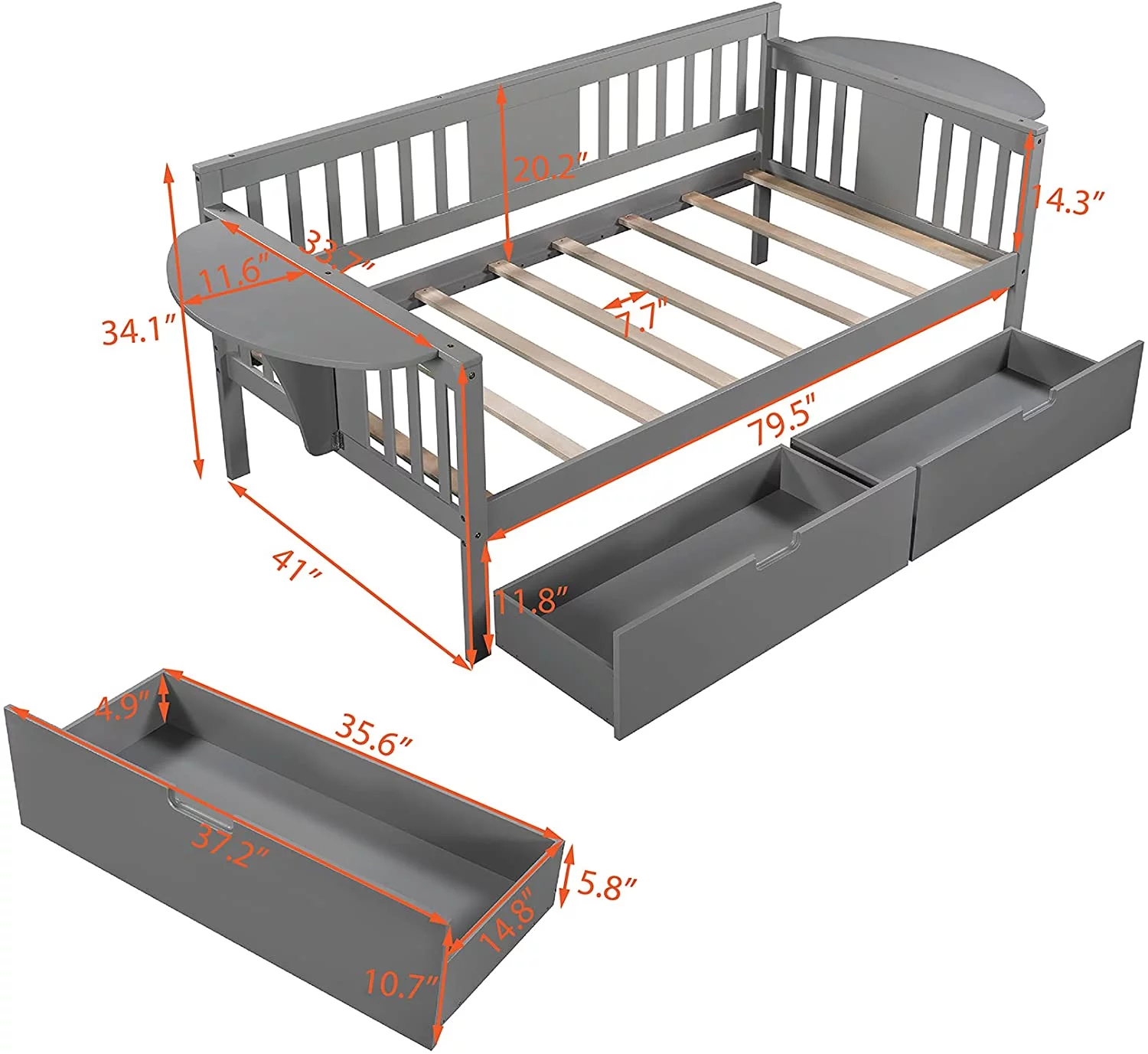 Size Daybed Wih wo Drawers,Wood Size Sofa Bed Frame Wih Small able, Dual-Use Surdy Bed For Kids Guess Sleepovers,Grey