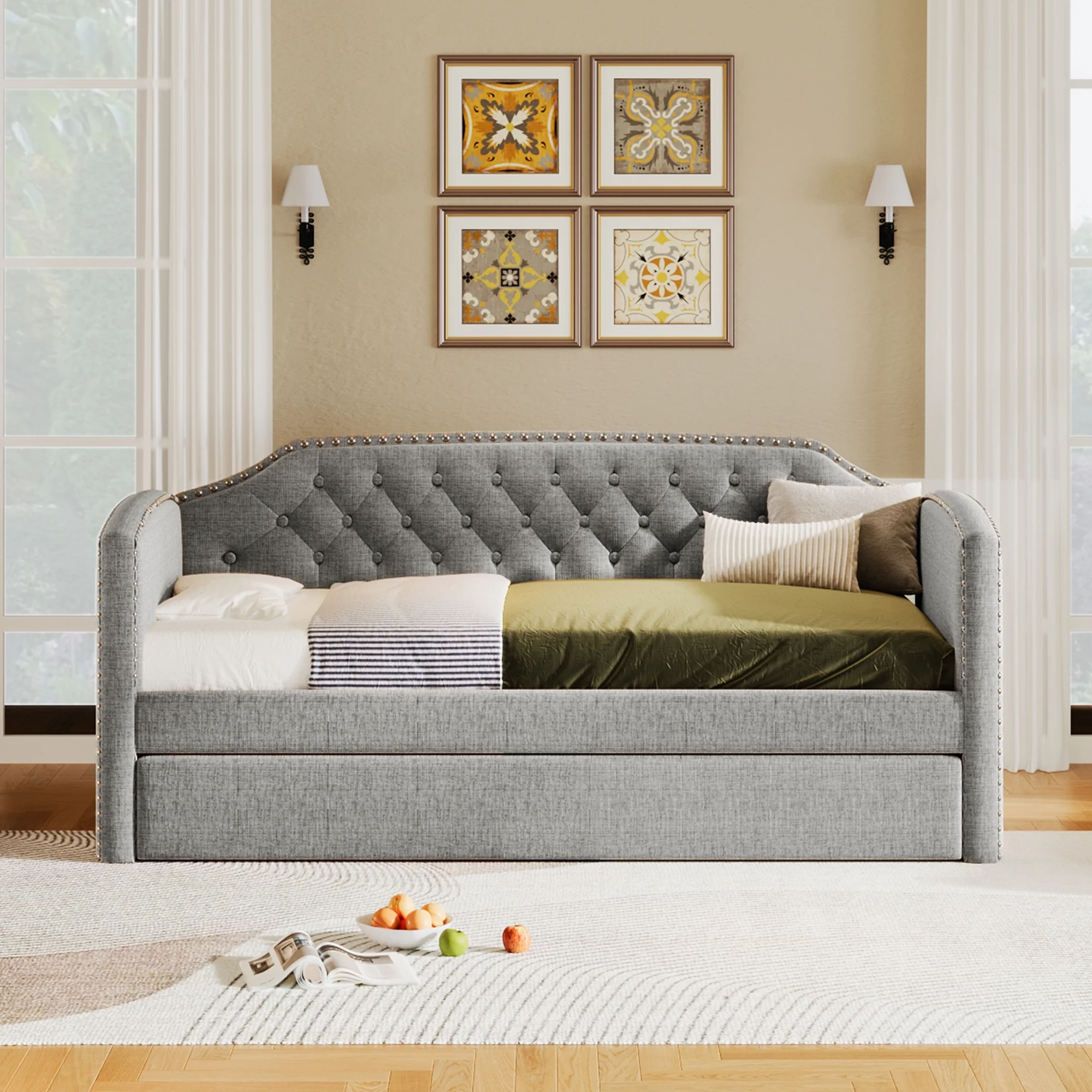 Gray Twin-Size Upholstered Daybed with Trundle - Perfect for Guest, Small Bedroom, or Study Room