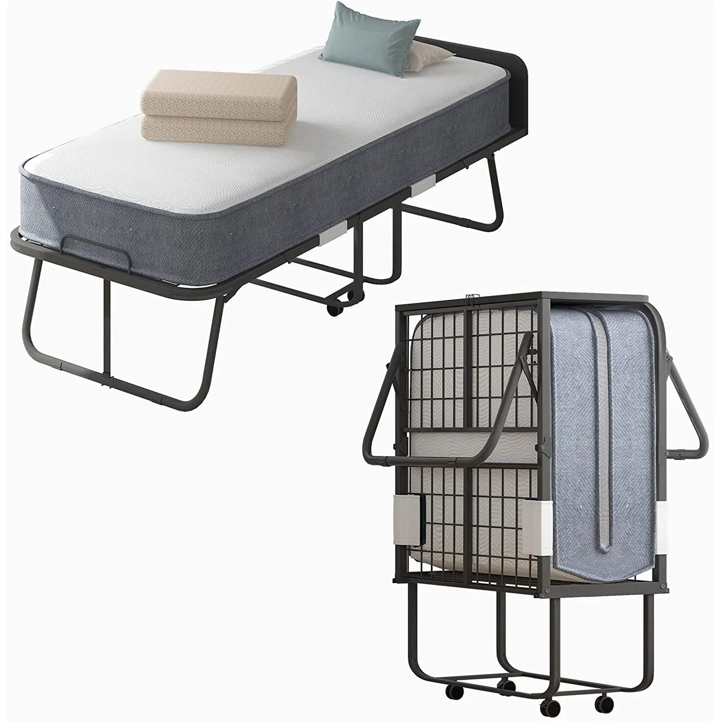 Mixoy Folding Bed with Mattress and Headboard|Space Saving Foldable Bed with Foam Mattress | Bed Frame with Wheels