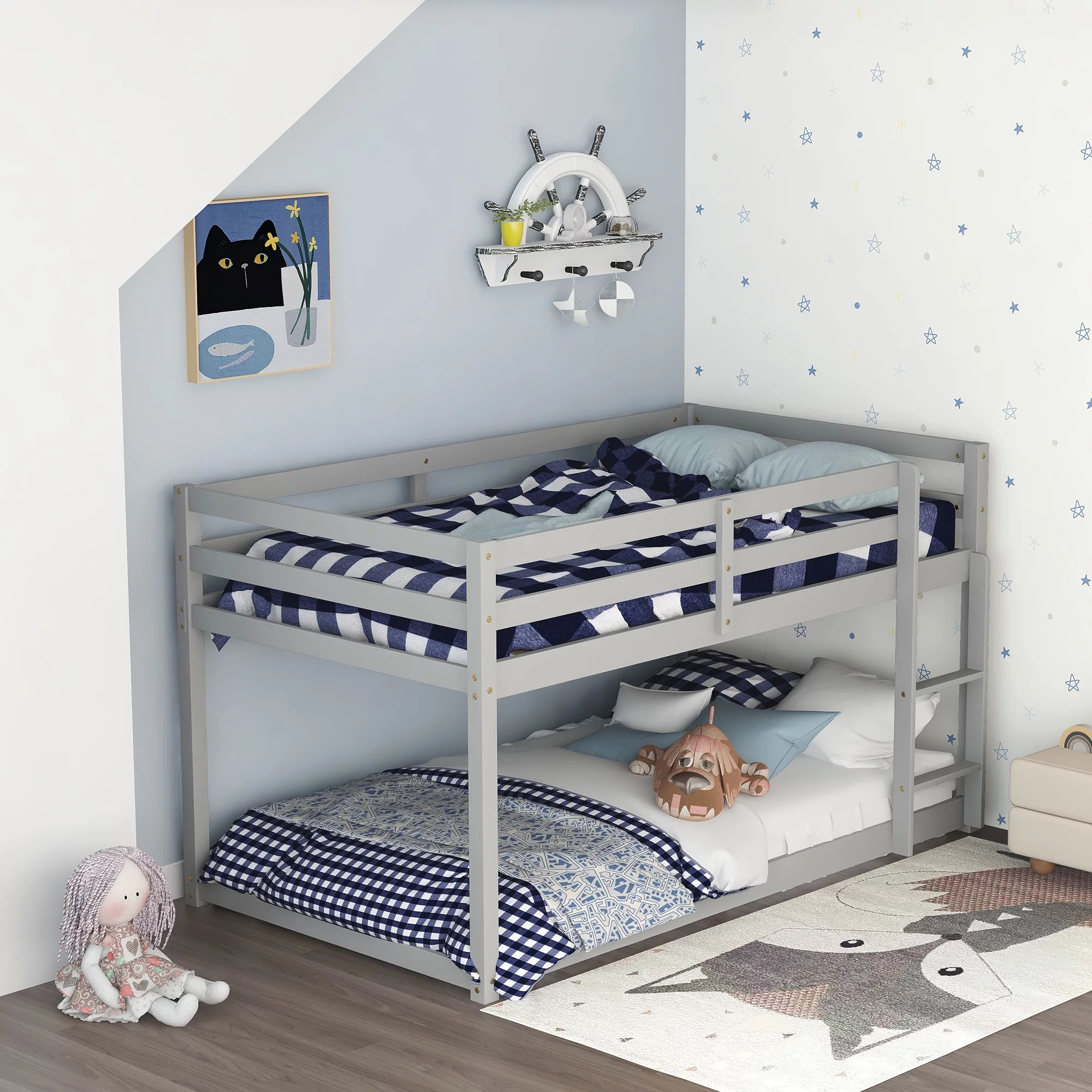 Bellemave Wood Twin over Twin Bunk Bed Frame, Low Bunk Bed with Ladder and Guard Rails for Toddler, Boys & Girls, No Box Spring Needed (Gray)