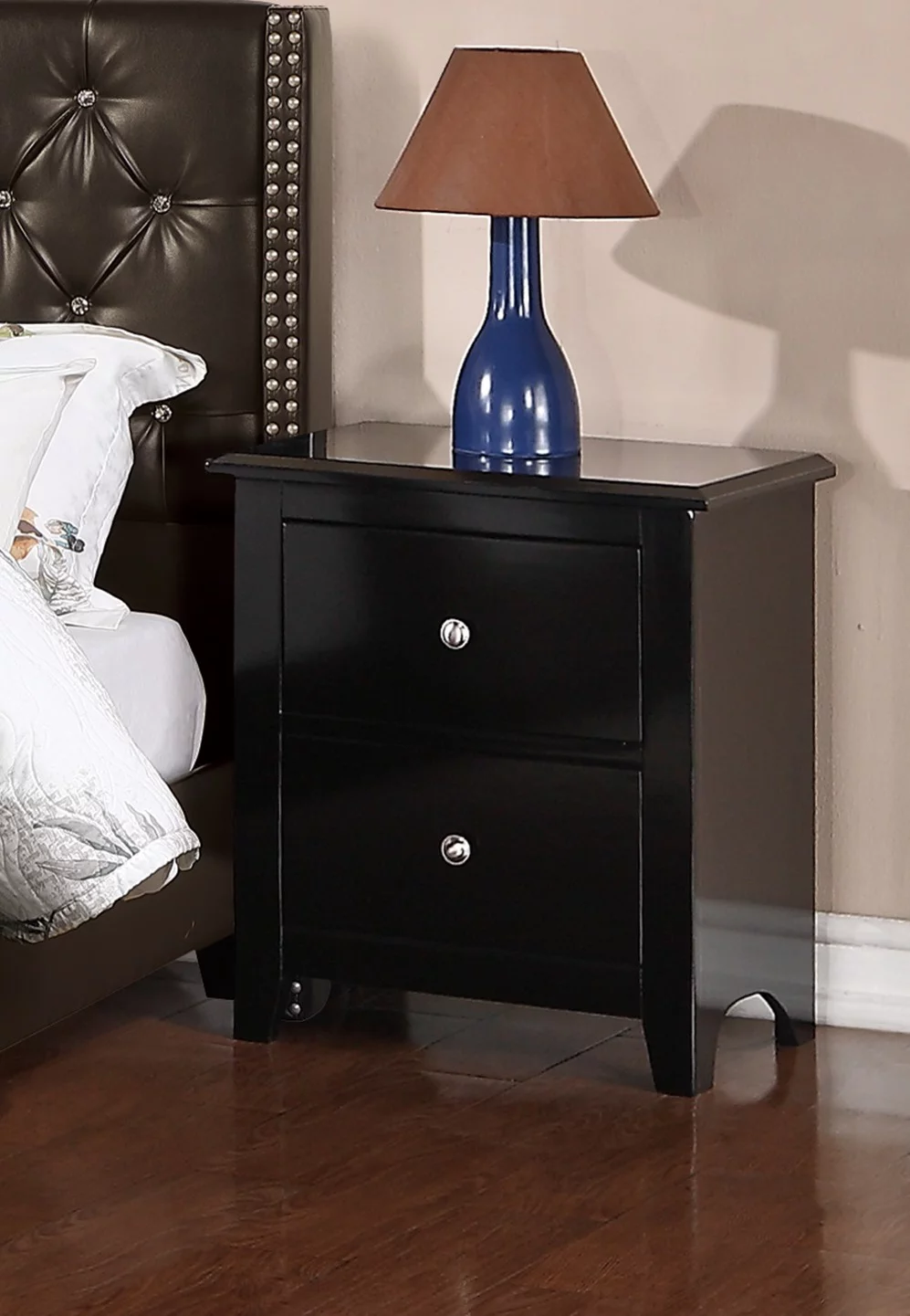 Bedroom furniture Espresso Faux Leather Queen Size bed Dresser Mirror Nightstand 4pc Set Plywood wooden Legs.