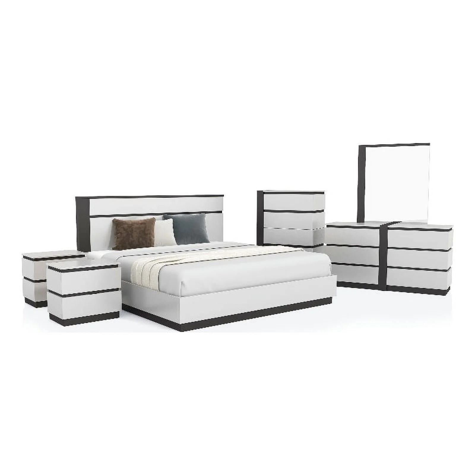 FOA Misti 6pc White Wood Bedroom Set-Queen+2 Nightstands+Chest+Dresser+Mirror