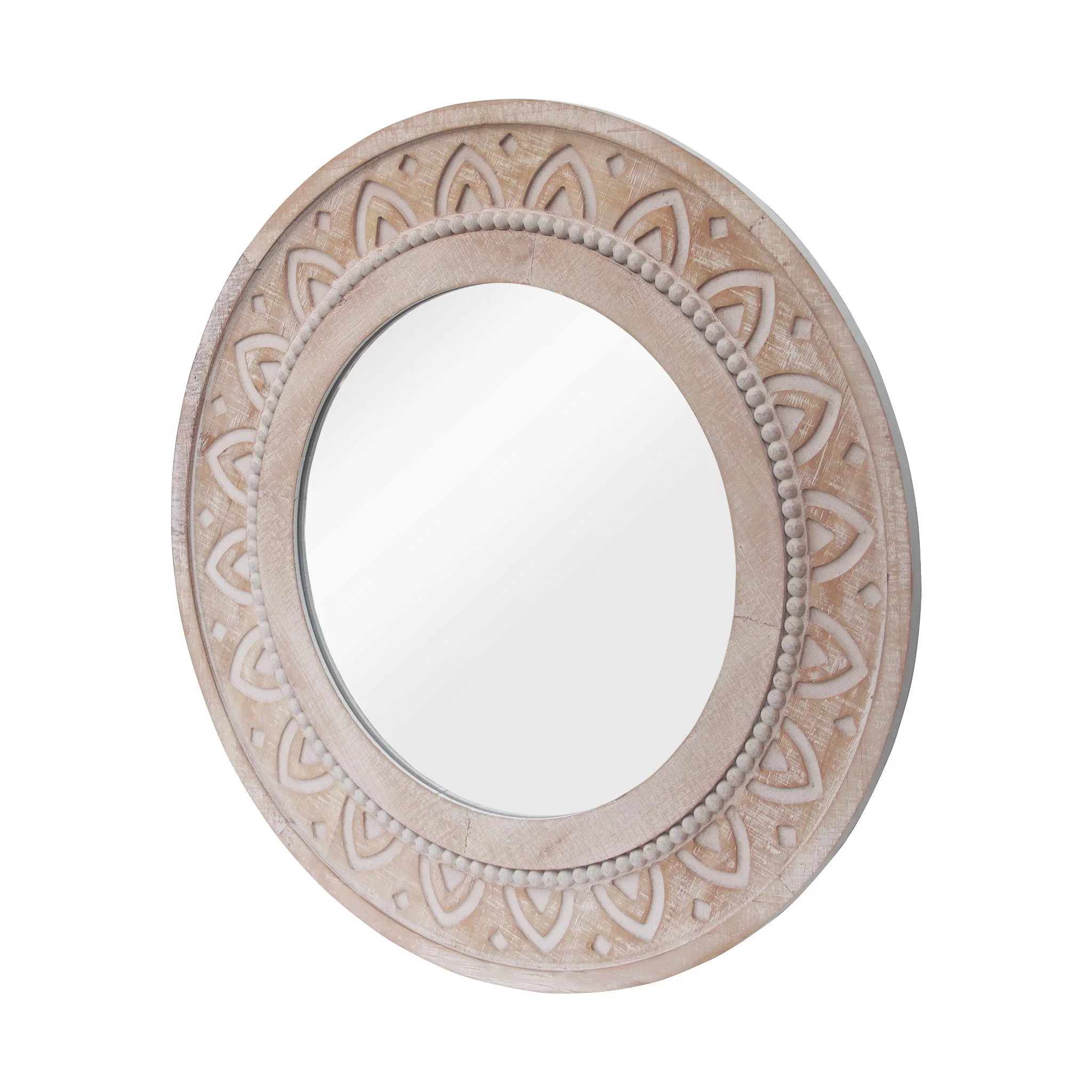 Parisloft 27.5 Inch Farmhouse Wood Circle Mirror, Round Natural Wood and Whitewashed Wood Wall Mirror with Carved Patterns, Decorative Wall Mirror for Bathroom, Bedroom, Living Room, Or Entryway