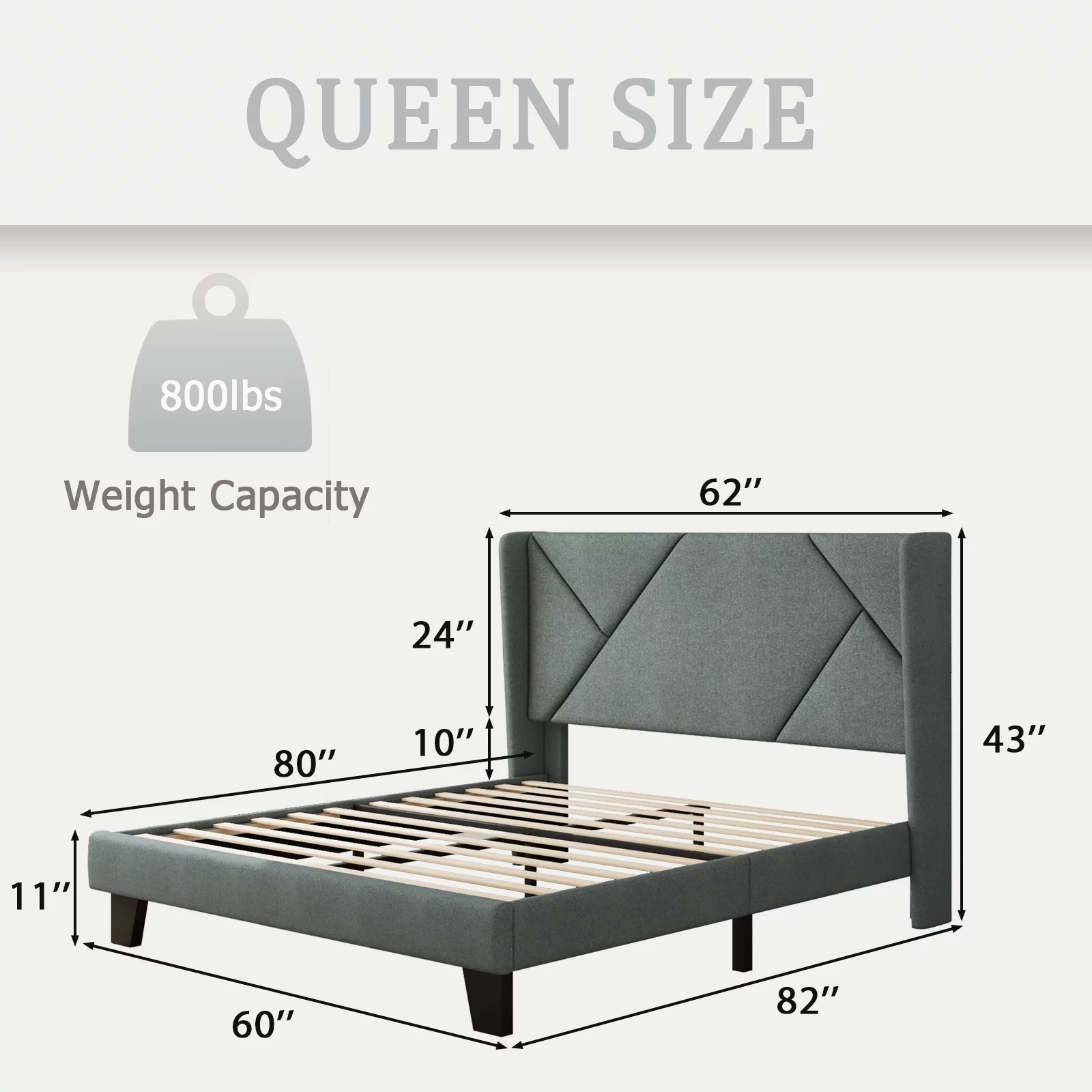 Queen Size Modern Platform Bed Frame with Wingback Headboard, Metal and Wood Slats Support, Light Grey