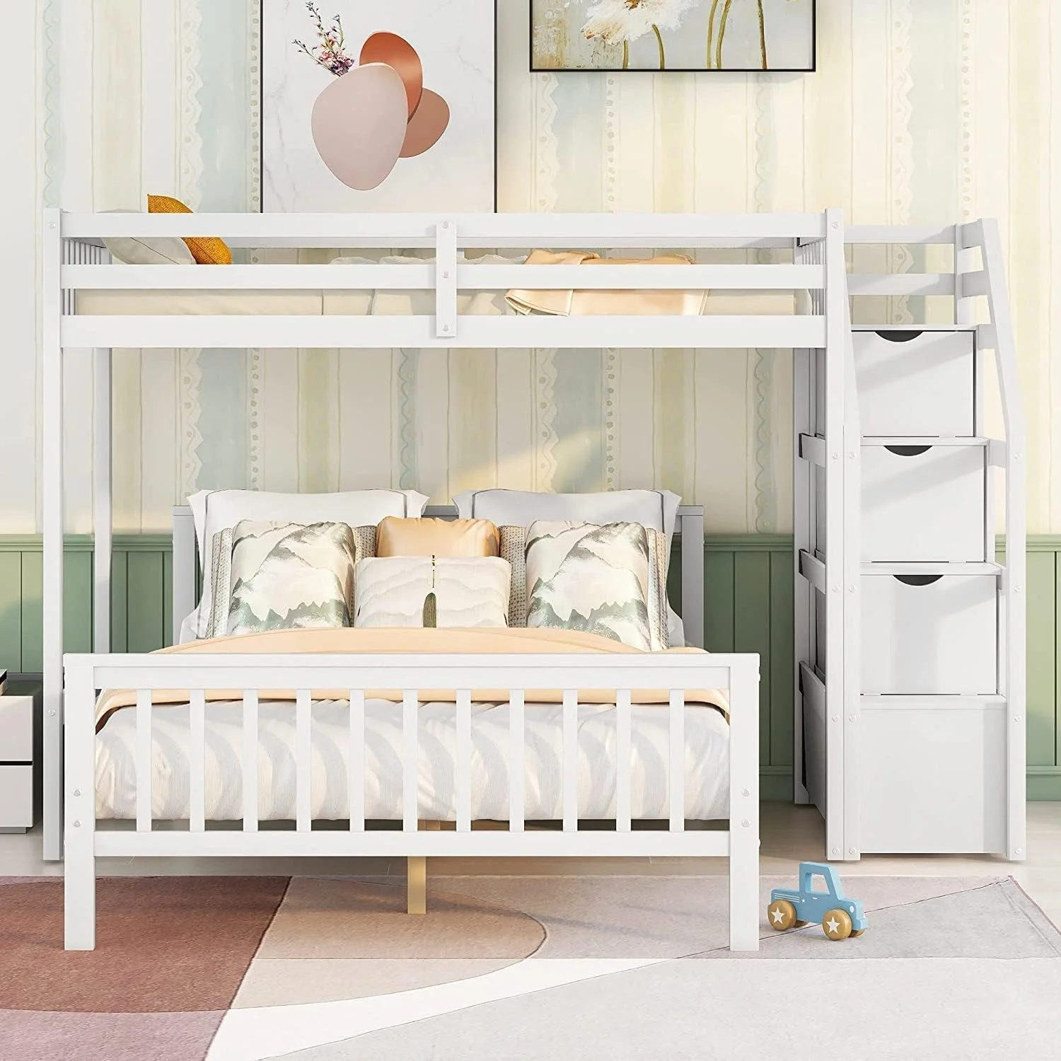 Over Full Bunk Beds With Storage Stairs, Wooden Stairway Bunk Beds With Removable Bottom Bed And Guardrails For Kids Girls Boys,No Box Spring Needed (White)
