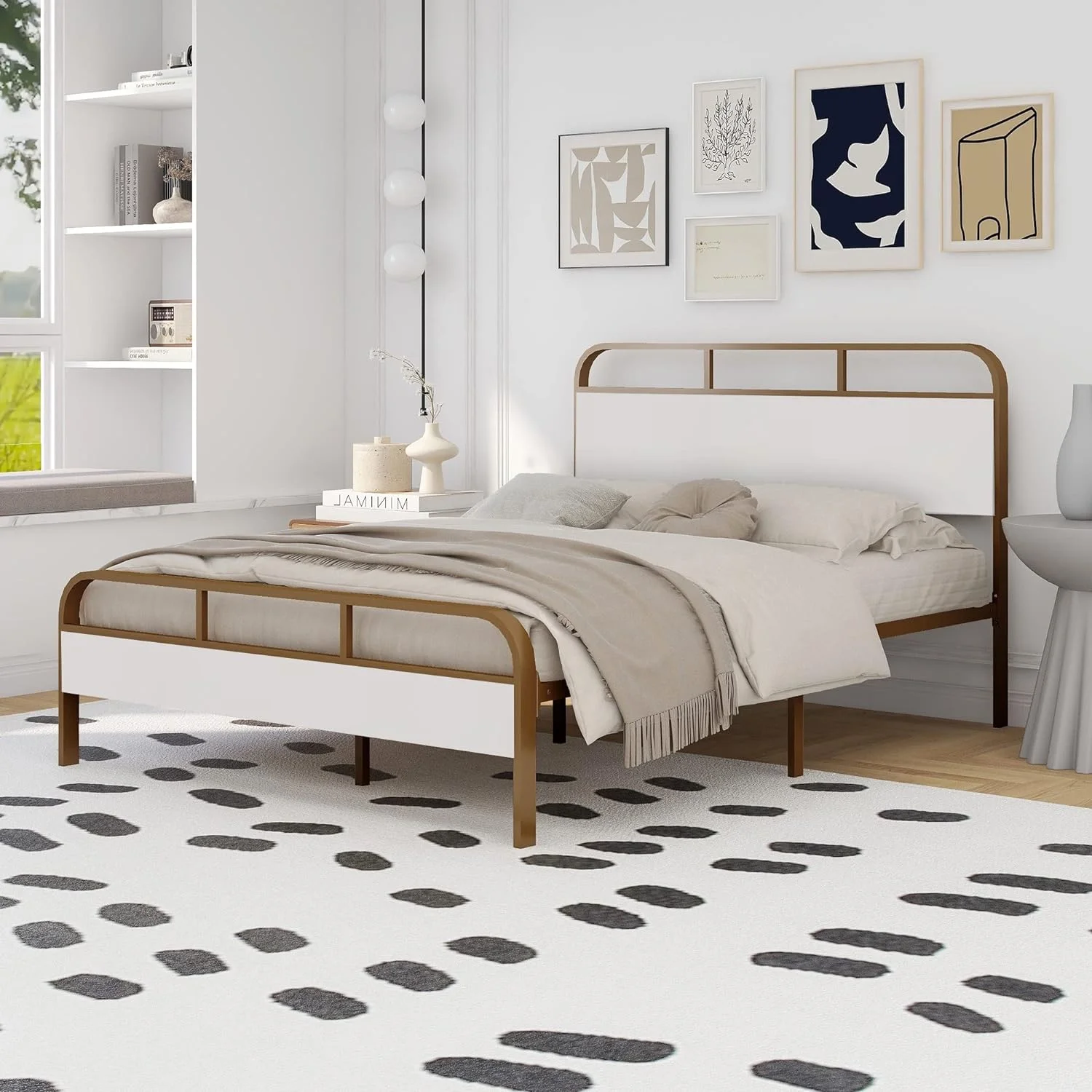 Metal Platform Queen Size Bed Frame with Velvet Upholstered Headboard and Footboard, Strong Metal Slats Support Mattress Foundation No Box Spring Needed Easy Assembly Gold Velvet