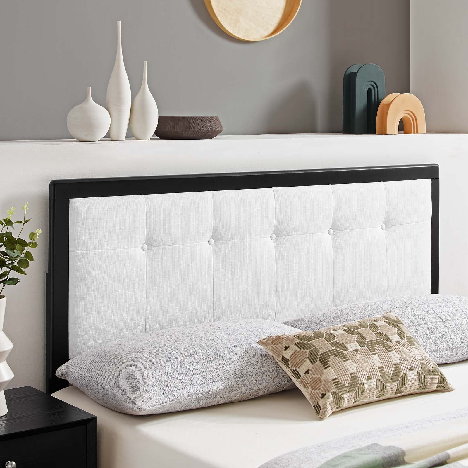 Tufted Headboard, Queen Size, Wood, Fabric, Black White, Modern Contemporary Urban Design, Bedroom Master Guest Suite