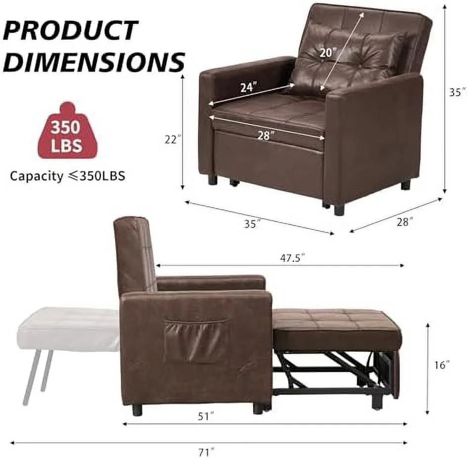 NLIBOOMLife Convertible Sofa Bed Sleeper Sofa with Adjustable Backrest Armchair Sofa Bed 3 in 1 Sleeper Chair Single One Pink