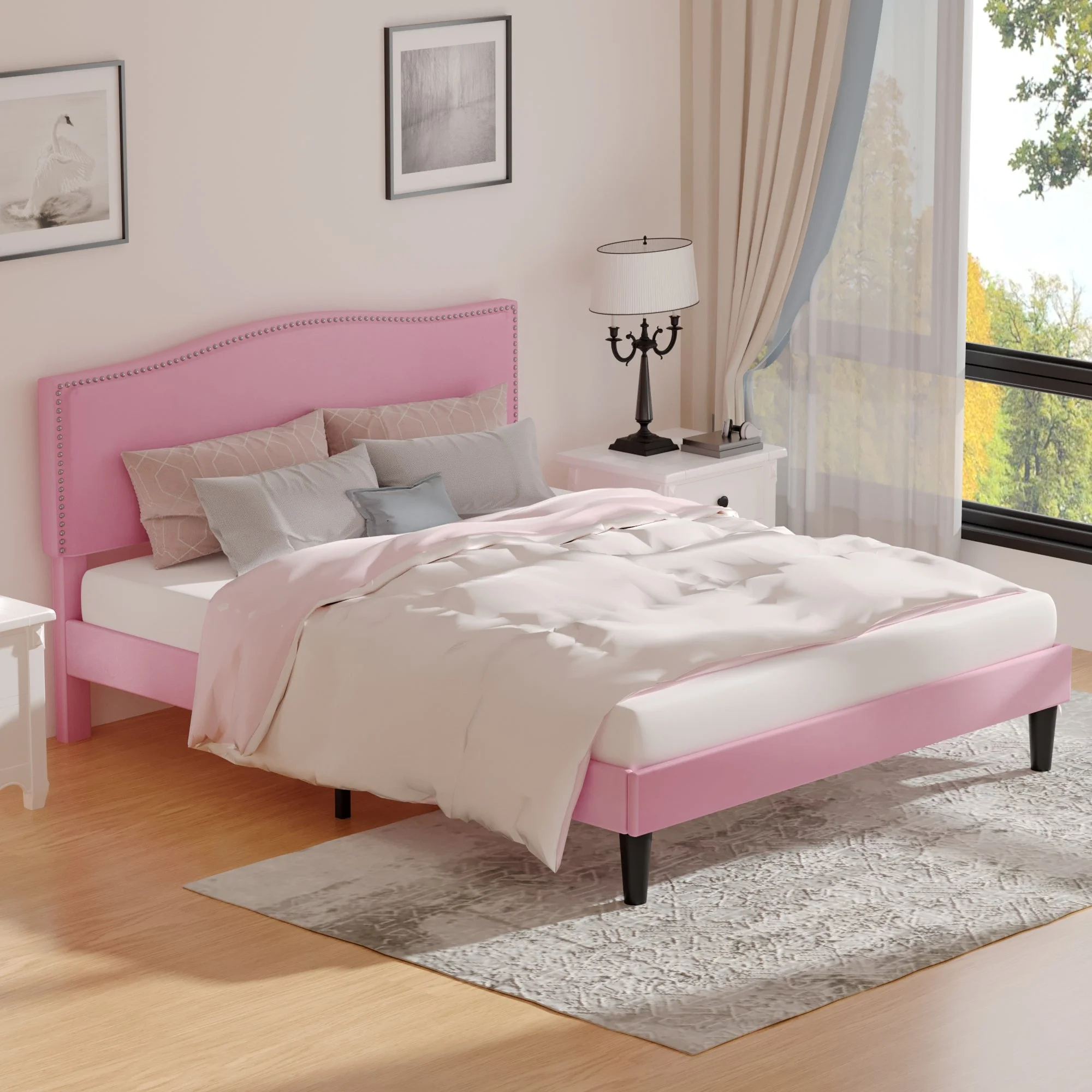 VECELO Queen Bed Frame, Nailhead Trim Upholstered Platform Bed with Adjustable Headboard, Wooden Slats Support/No Box Spring Needed, Pink