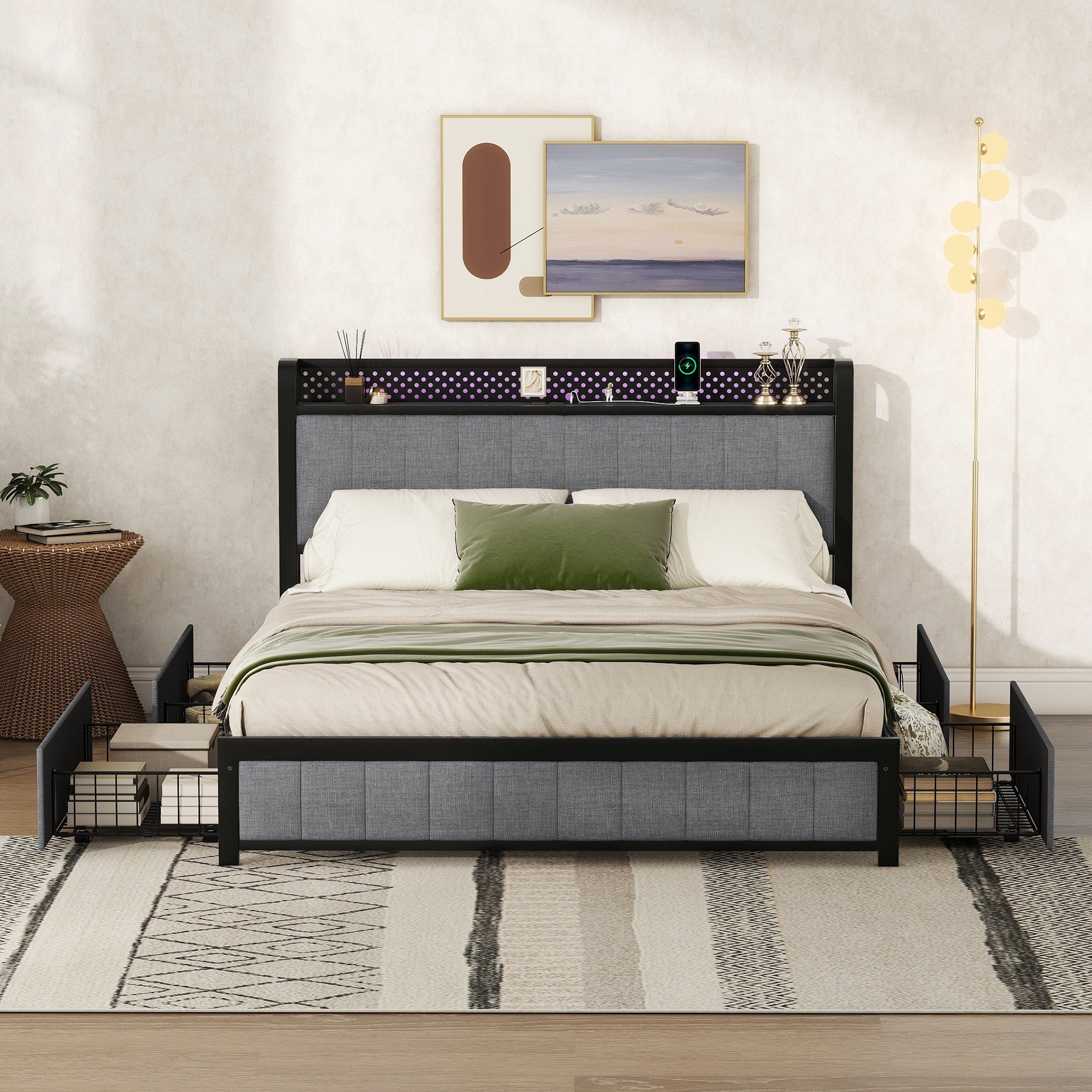 Kie Queen Size Bed Frame with LED - Light Gray