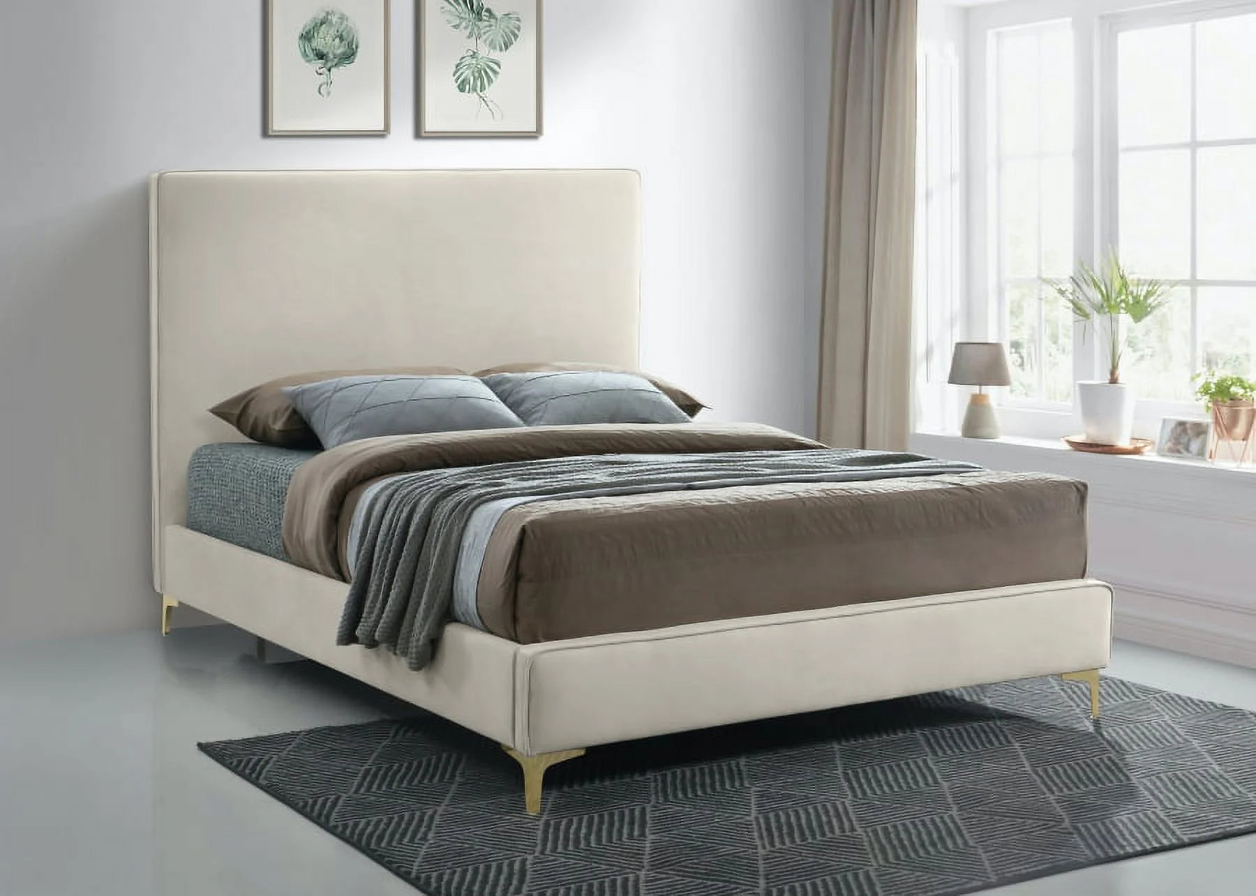 1pc Eastern King Size Bed Bedroom Furniture Soft Cream Velvet Piping Headboard & Footboard
