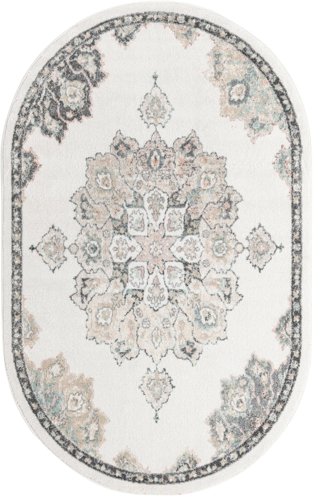 Unique Loom Kokulu Parker Rug Ivory/Beige 5' x 8' Oval Border Traditional Perfect For Dining Room Bed Room Kids Room Play Room