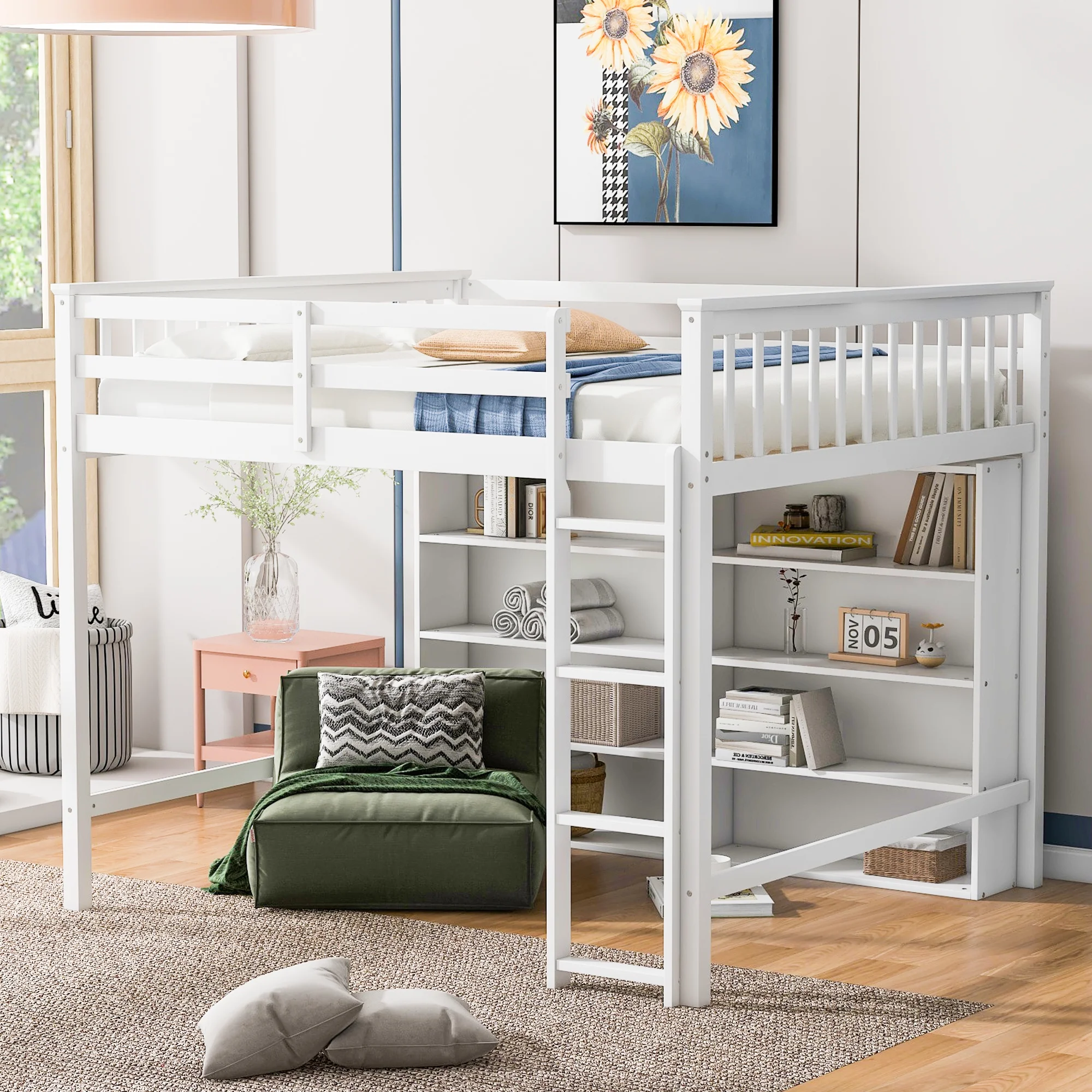 Euroco Wood Full Size Loft Bed with Shelf for Kids Bedroom, Functional Storage Shelf and Display Case, Open Bookcase for Kids Teens Adults, White