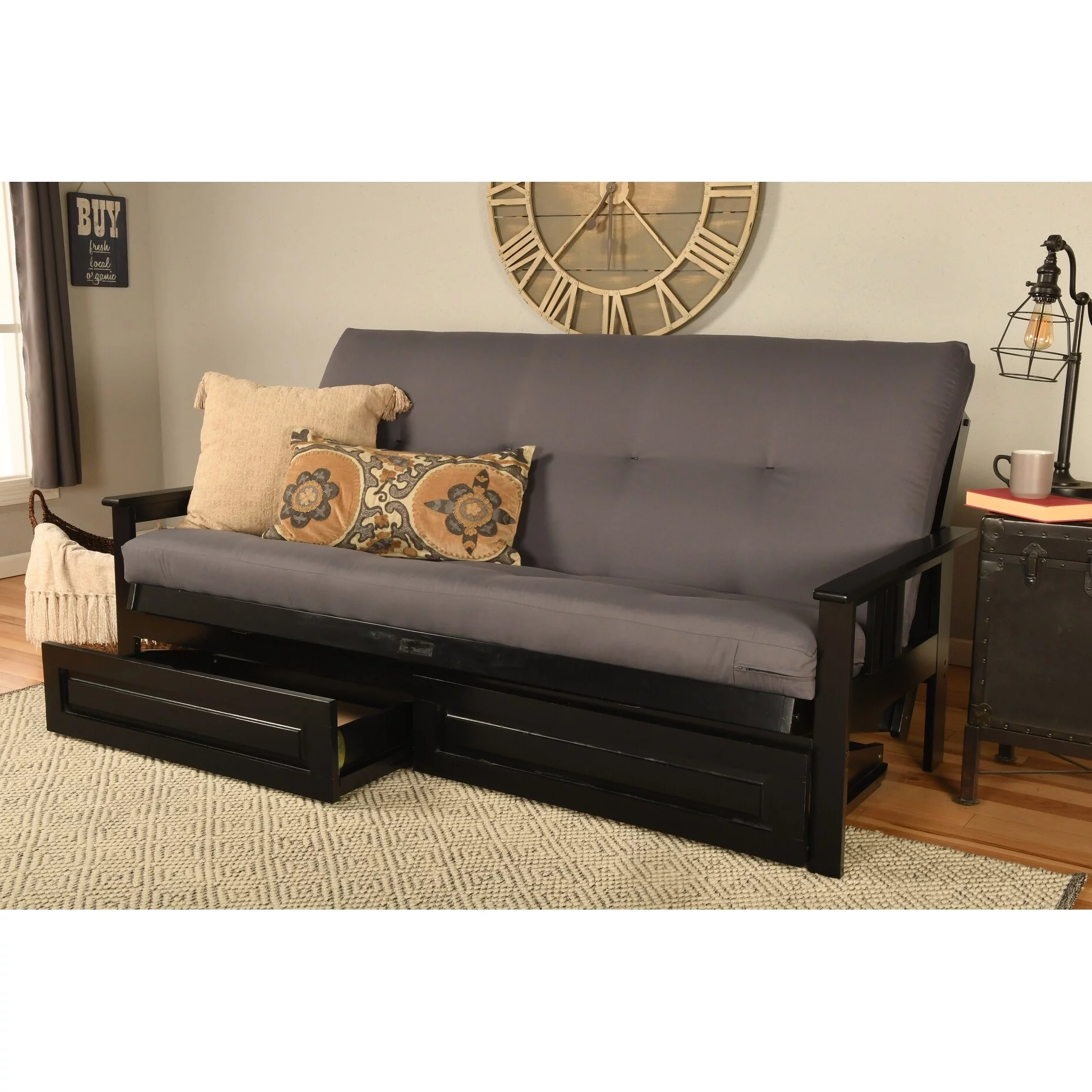 Somette Monterey Storage Full-size Futon Set in Black Finish with Twill Gray Mattress