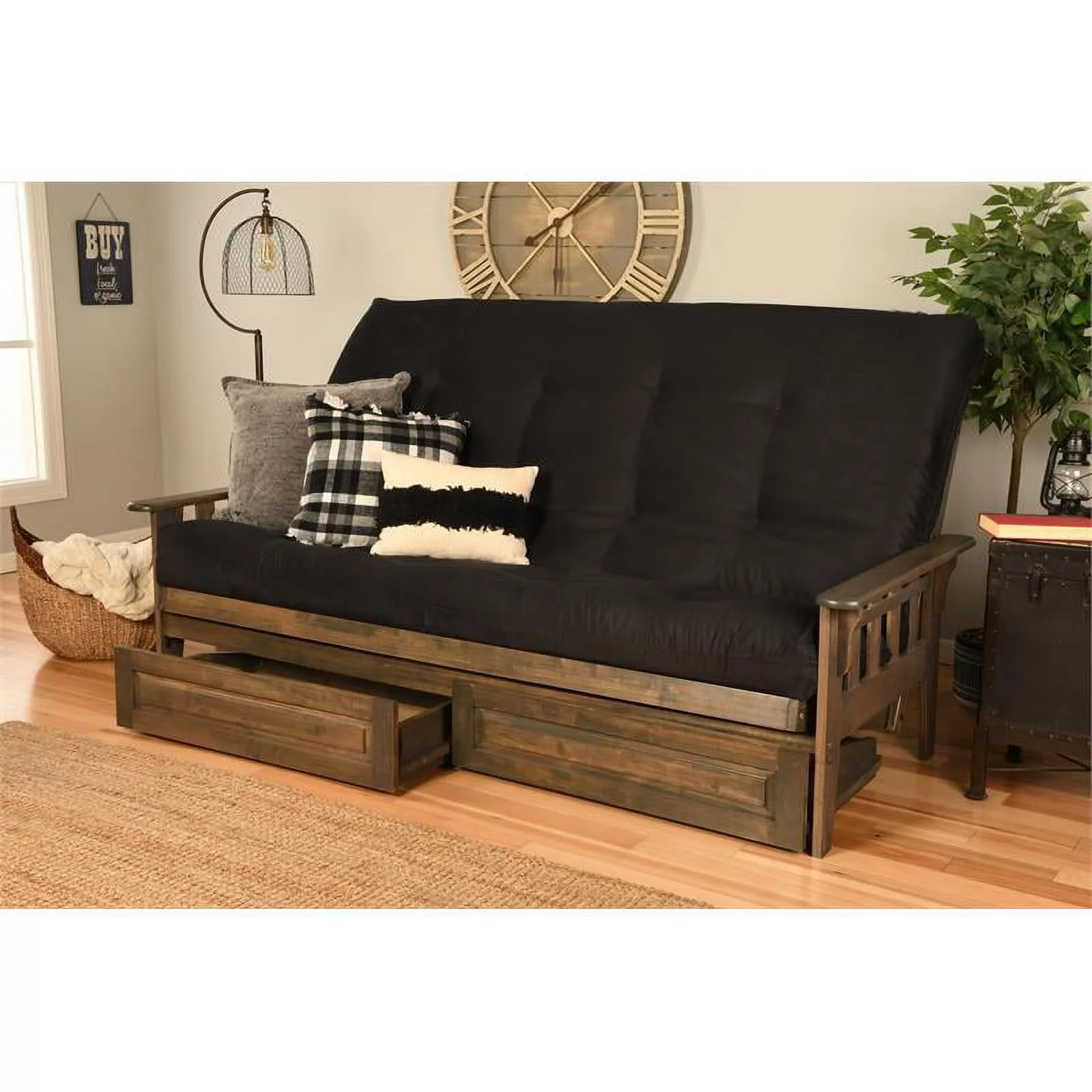Kodiak Furniture Tucson Queen Futon with Suede Fabric Mattress in Black/Walnut