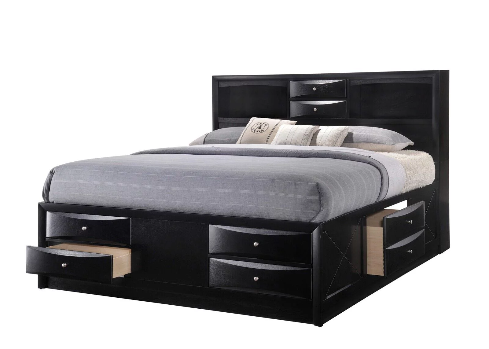 Contemporary King Size 3pc Bedroom Set Storage Bed Chest Nightstand Black Finish Solid Wood Furniture
