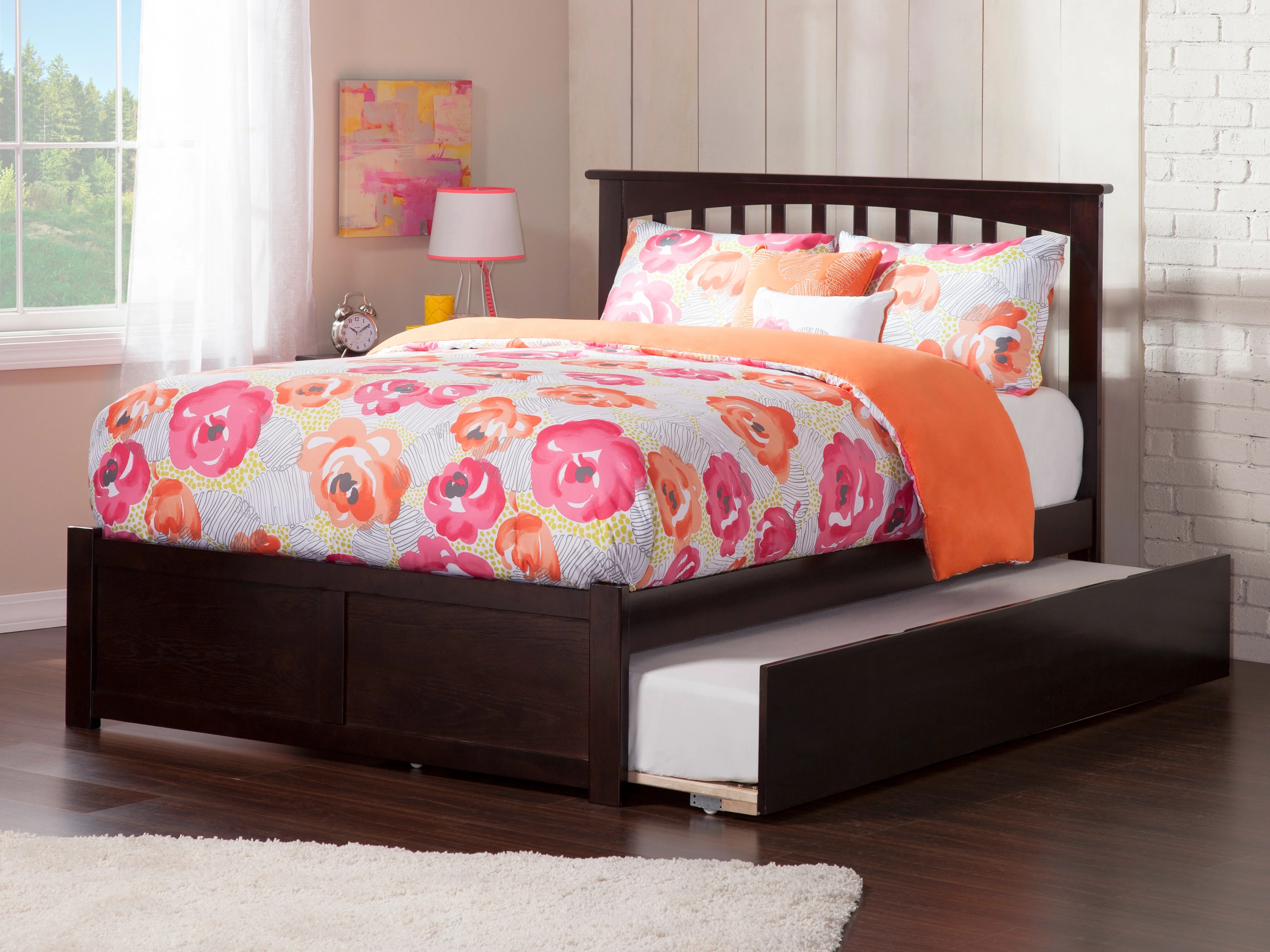 Mission Platform Bed with Flat Panel Foot Board and Twin Size Urban Trundle Bed in, Multiple Colors and Sizes