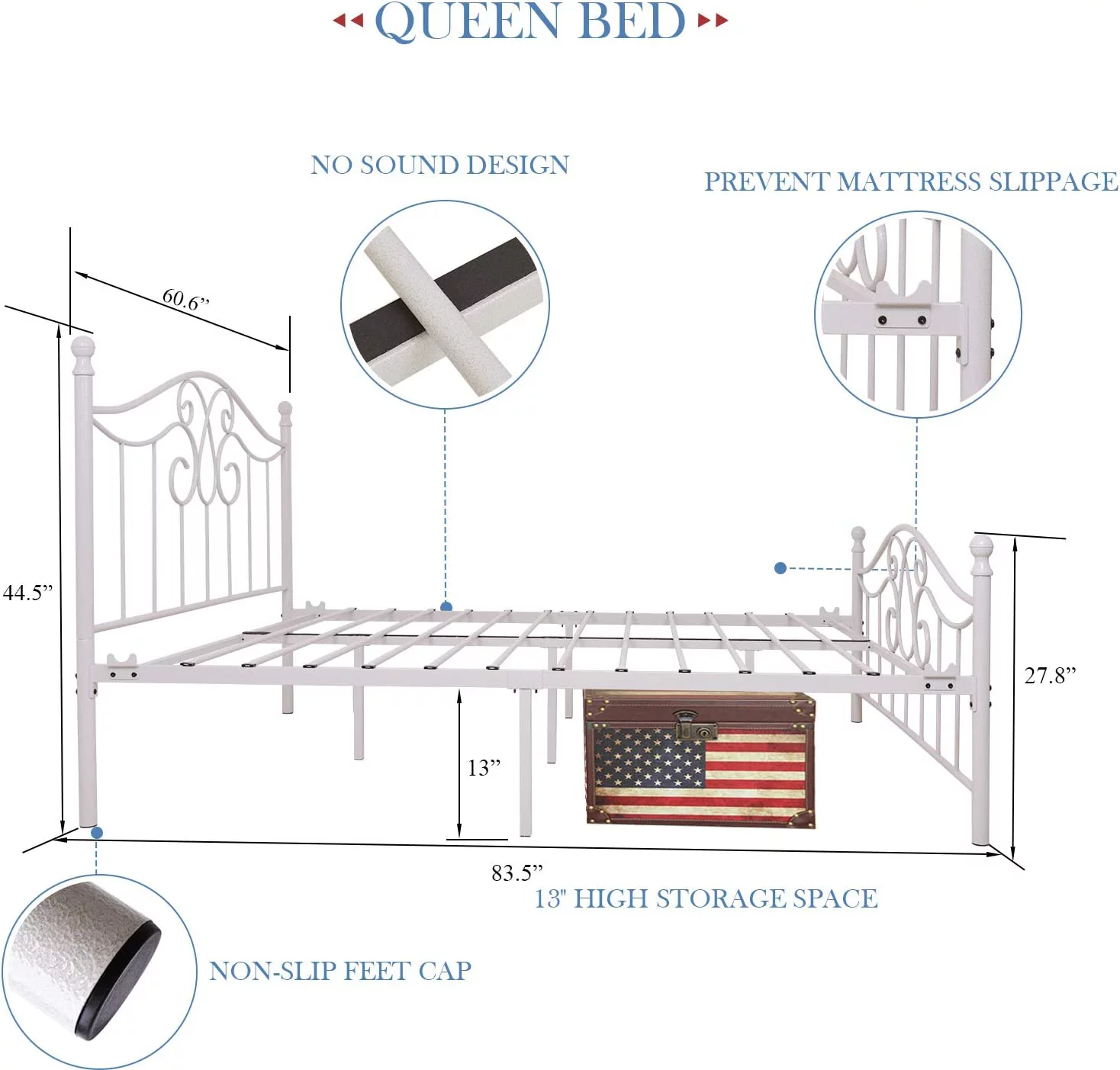 LIHONG Vintage Sturdy Queen Size Metal Bed Frame with Headboard and Footboard Basic Bed Frame No Box Spring Needed (Queen, Grayish White)