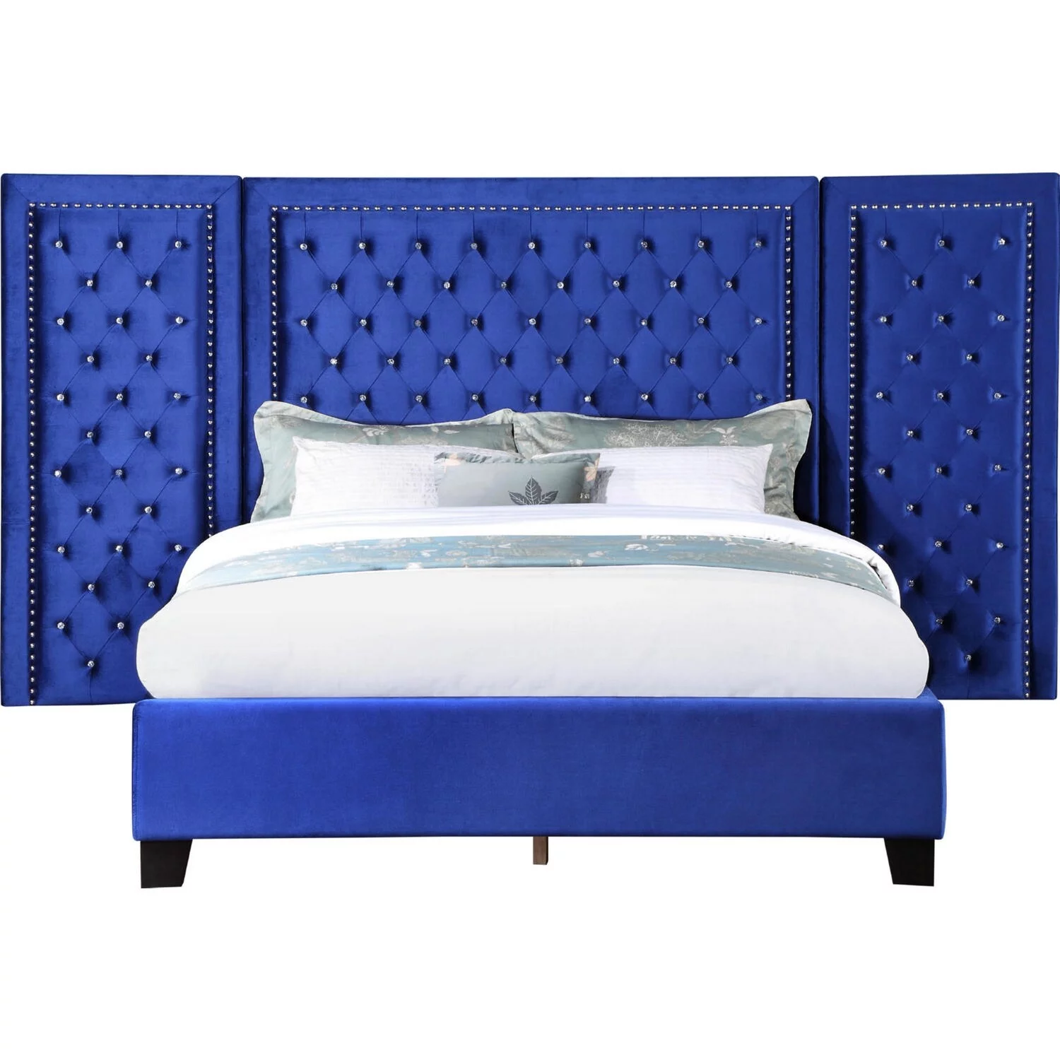 Cleo King Size Bed, Velvet, XL 3 Panel Headboard, Crystal Tufted, Blue