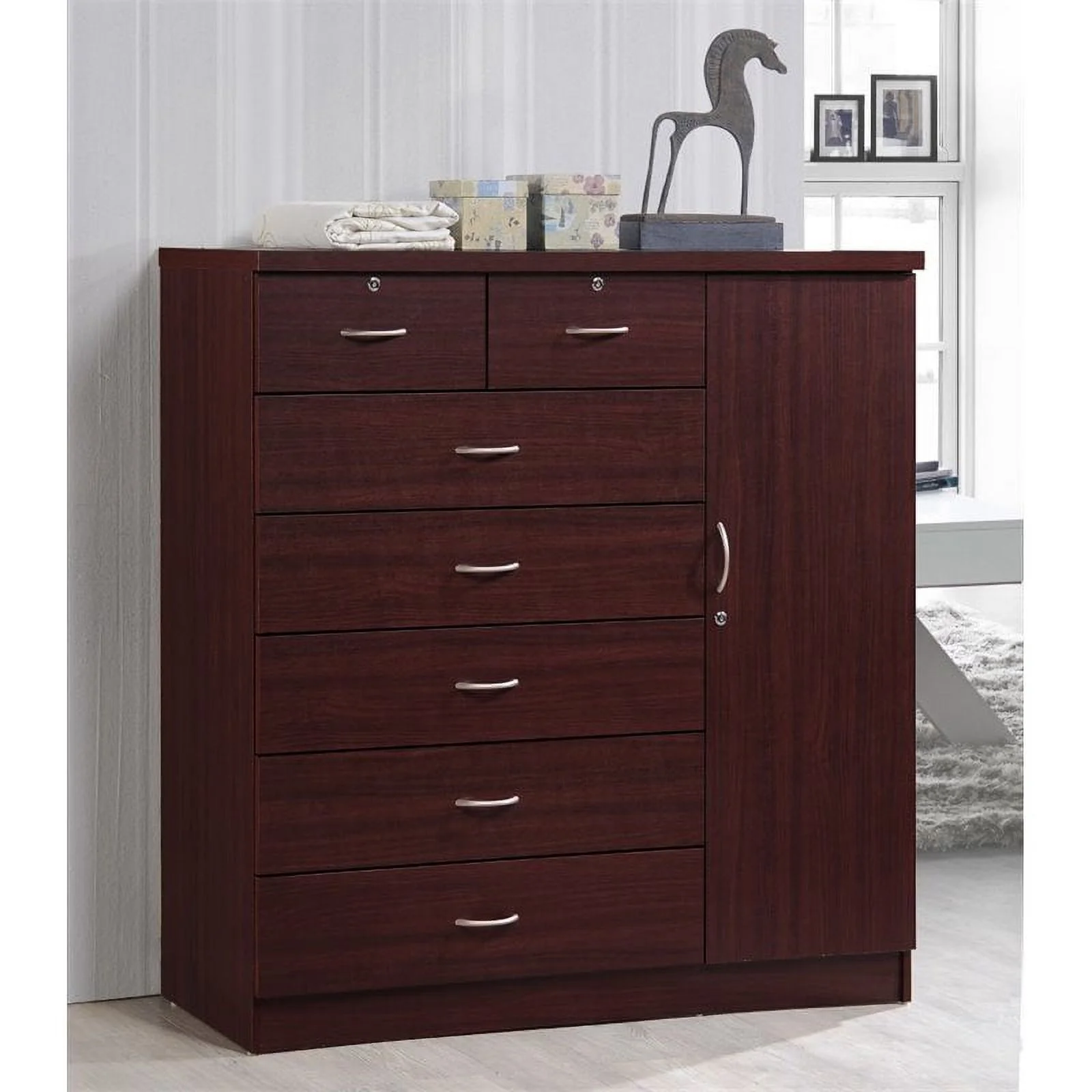 Bowery Hill 7 Drawer Chest with Locks on 2 Drawers and 1 Door in Mahogany Wood