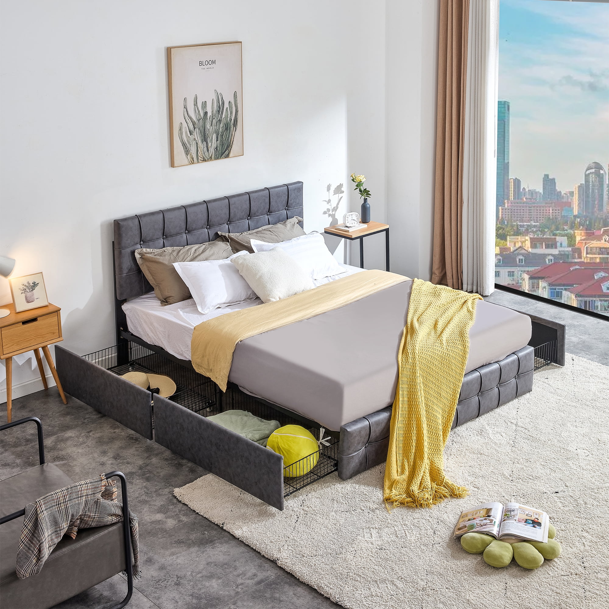 Queen Size Grey Tech cloth Button Embedded Adjustable Headboard Height Upholstered Platform Bed Frame with 4 Storage Drawers