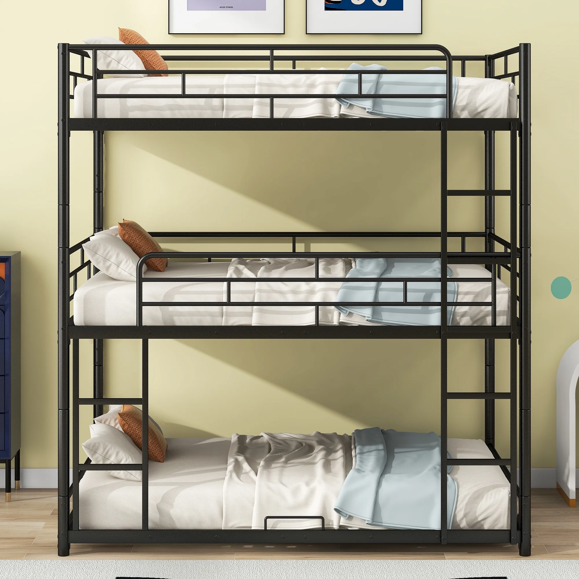Euroco Metal Full over Full over Full Bunk Bed, Triple Bed for Kids Room, Divided inot 3 Full Platfrom Beds for Kids Teens Adults, Space-Saving, Black