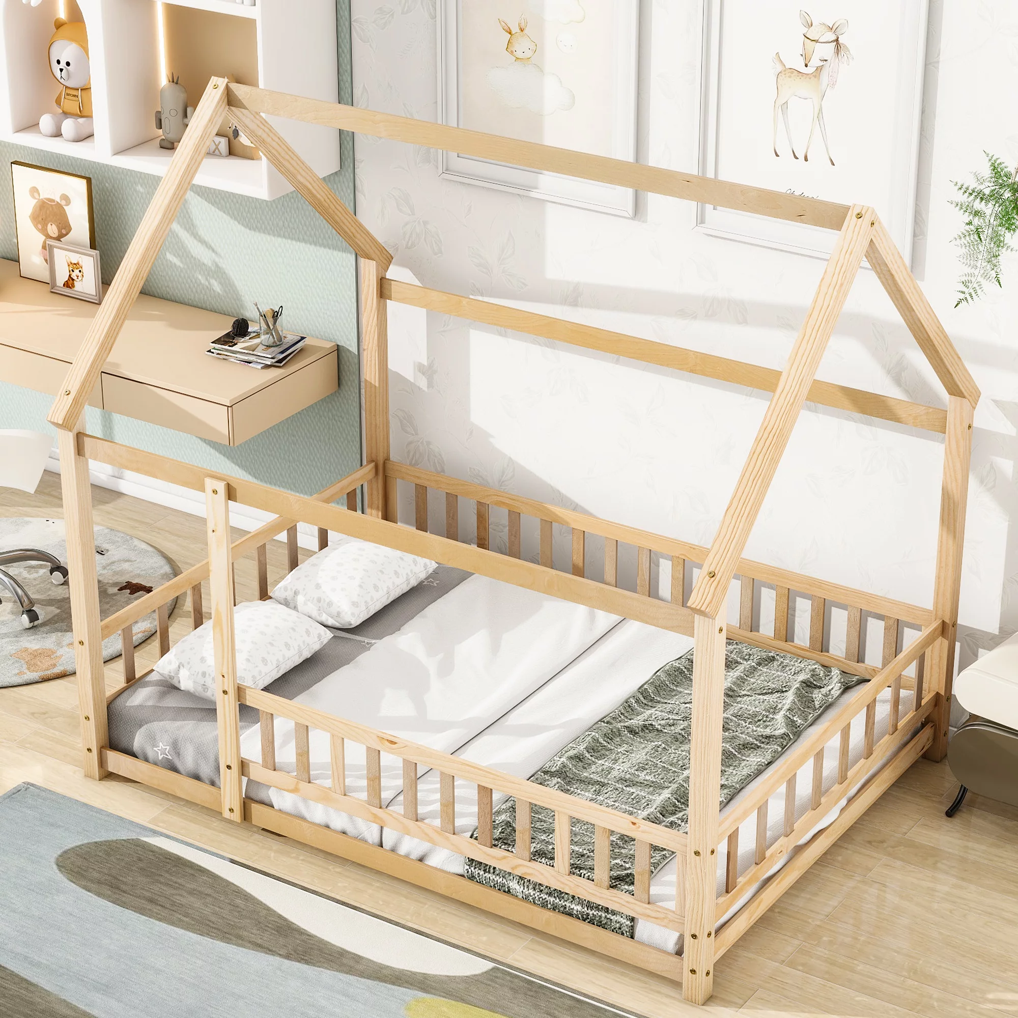 CoSoTower Full Size Floor Wooden Bed with House Roof Frame, Fence Guardrails , Natural
