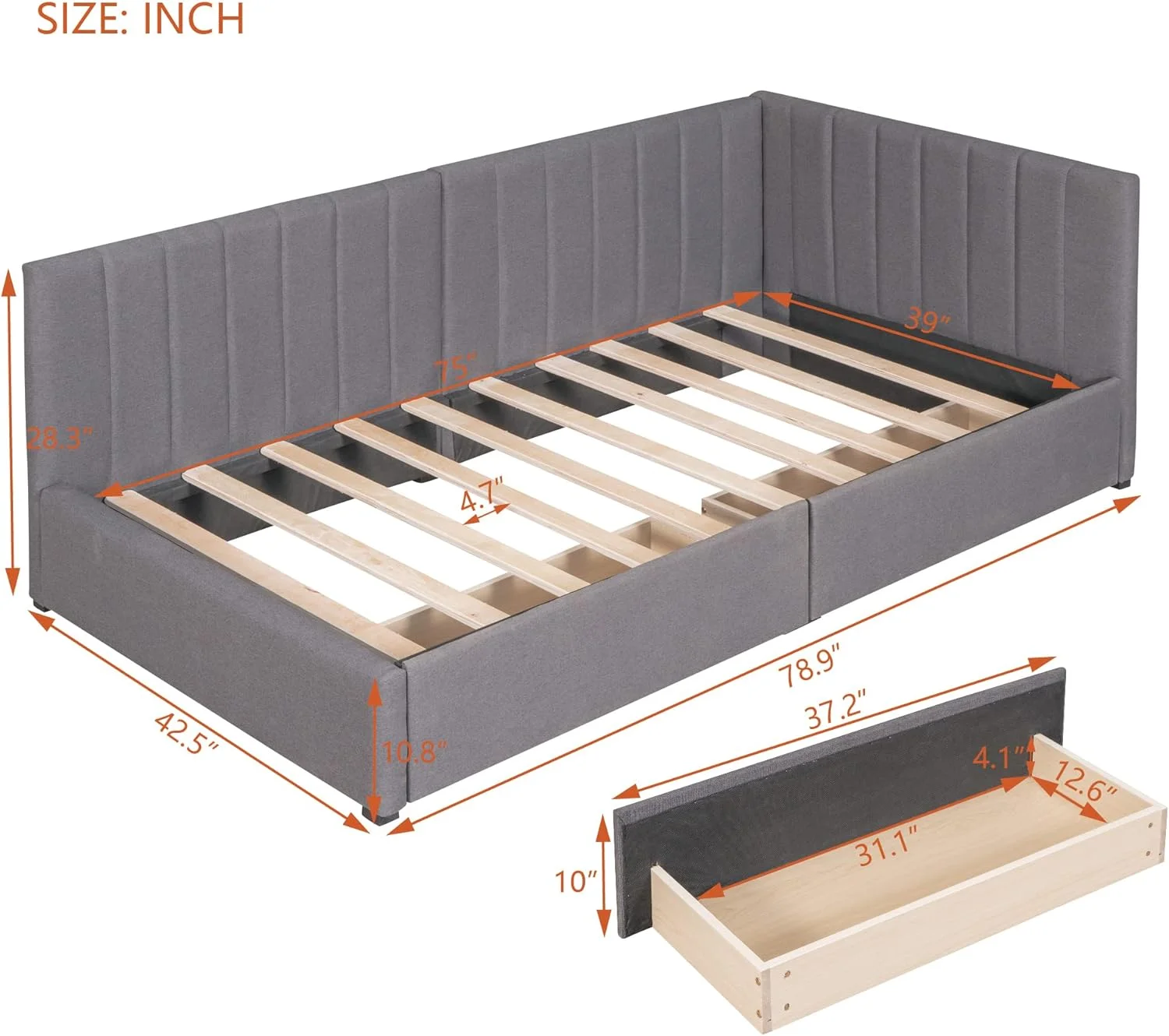 Upholstered Daybed With 2 Storage Drawers, Size Daybed With Wood Slats, Linen Fabric Size Sofa Bed Frame For Living Room Bedroom, No Box Spring Needed (, Gray)