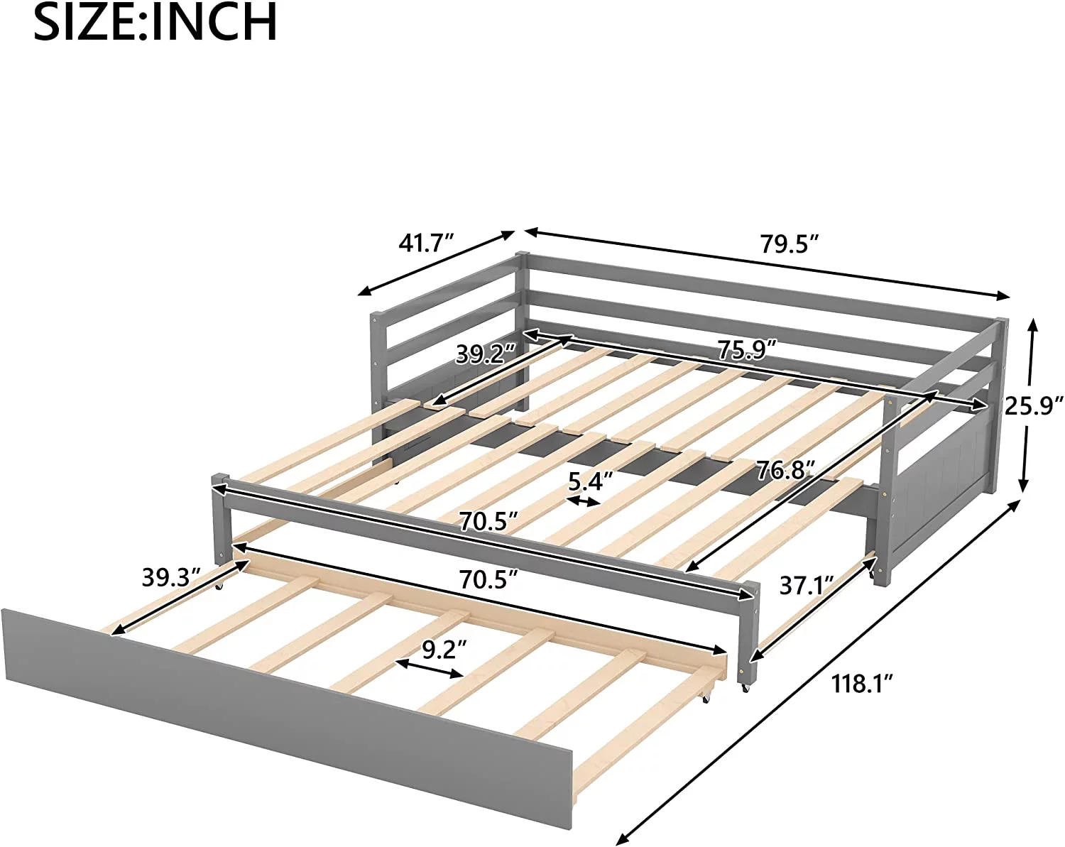 Extendable Daybed With Trundle, Wood To Double Daybed With Pull Out Trundle, Trundle Daybed For Kids Teens, Extending Sofa Bed For Living Room, Bedroom, Guest Room,Grey