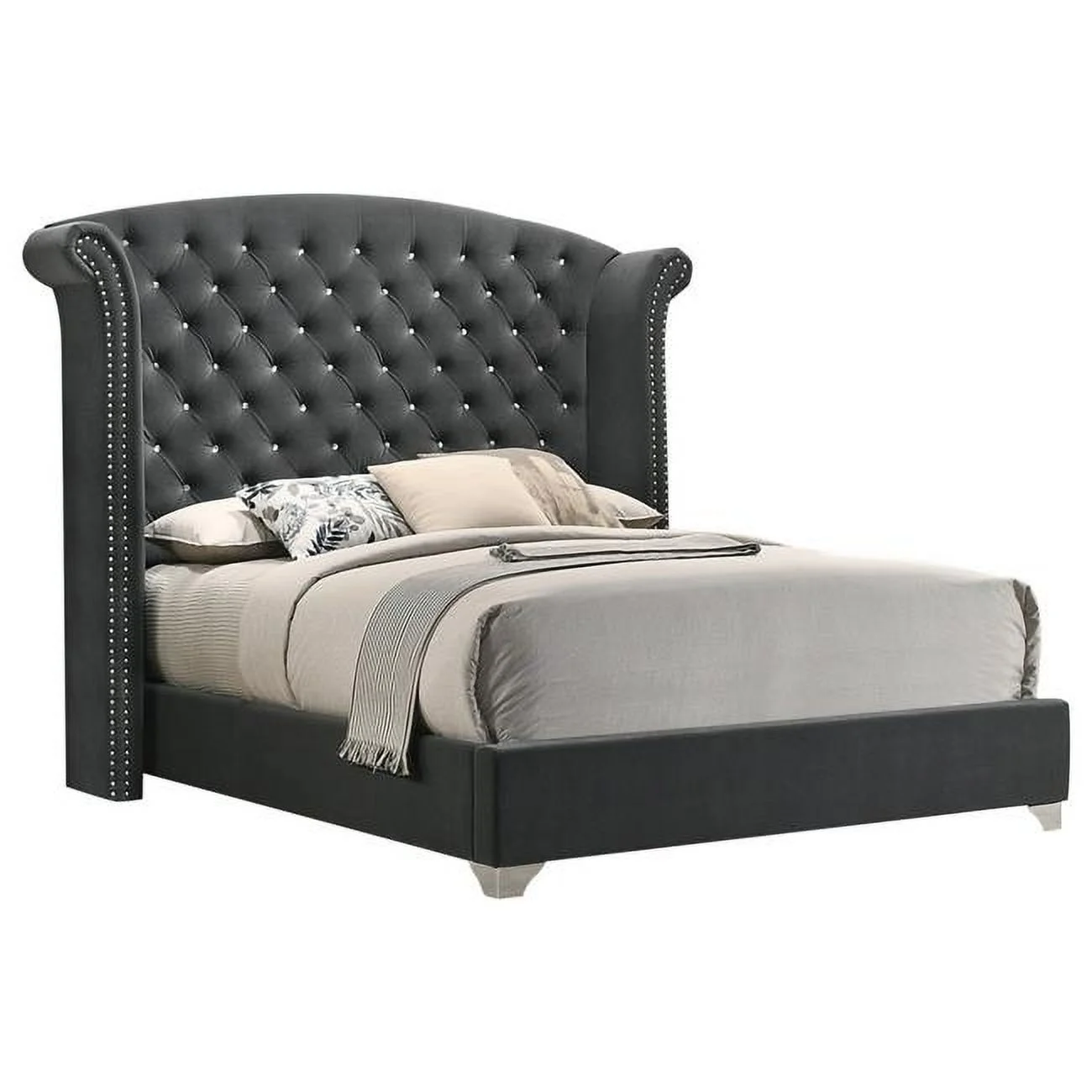 BenJara Giya Wingback Queen Bed, Tufted Headboard, Nailed Gray Velvet Upholstery